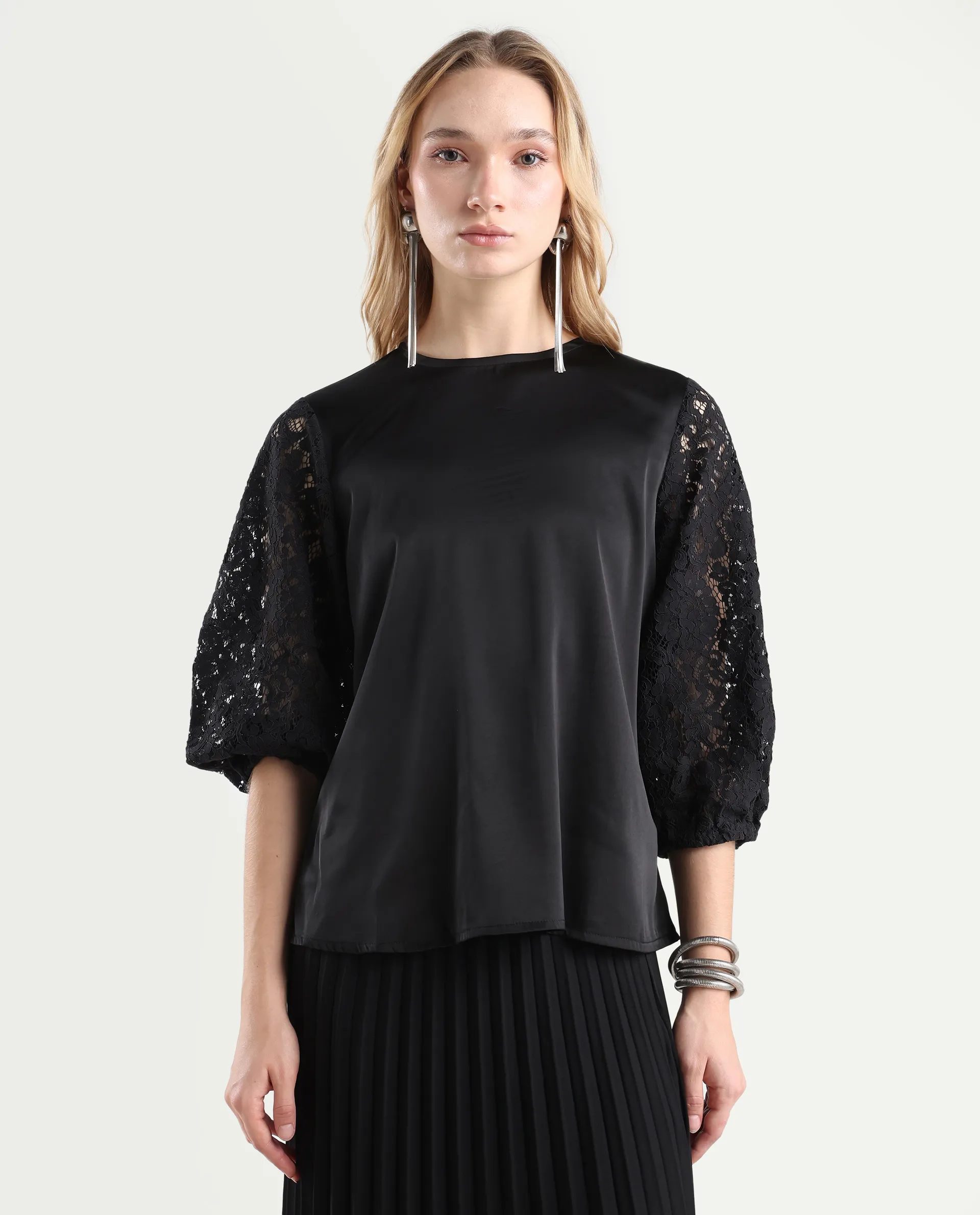 Rareism Women's Norbury Black Polyester High Neck Plain Balloon Sleeve Regular Fit Top - Image 3