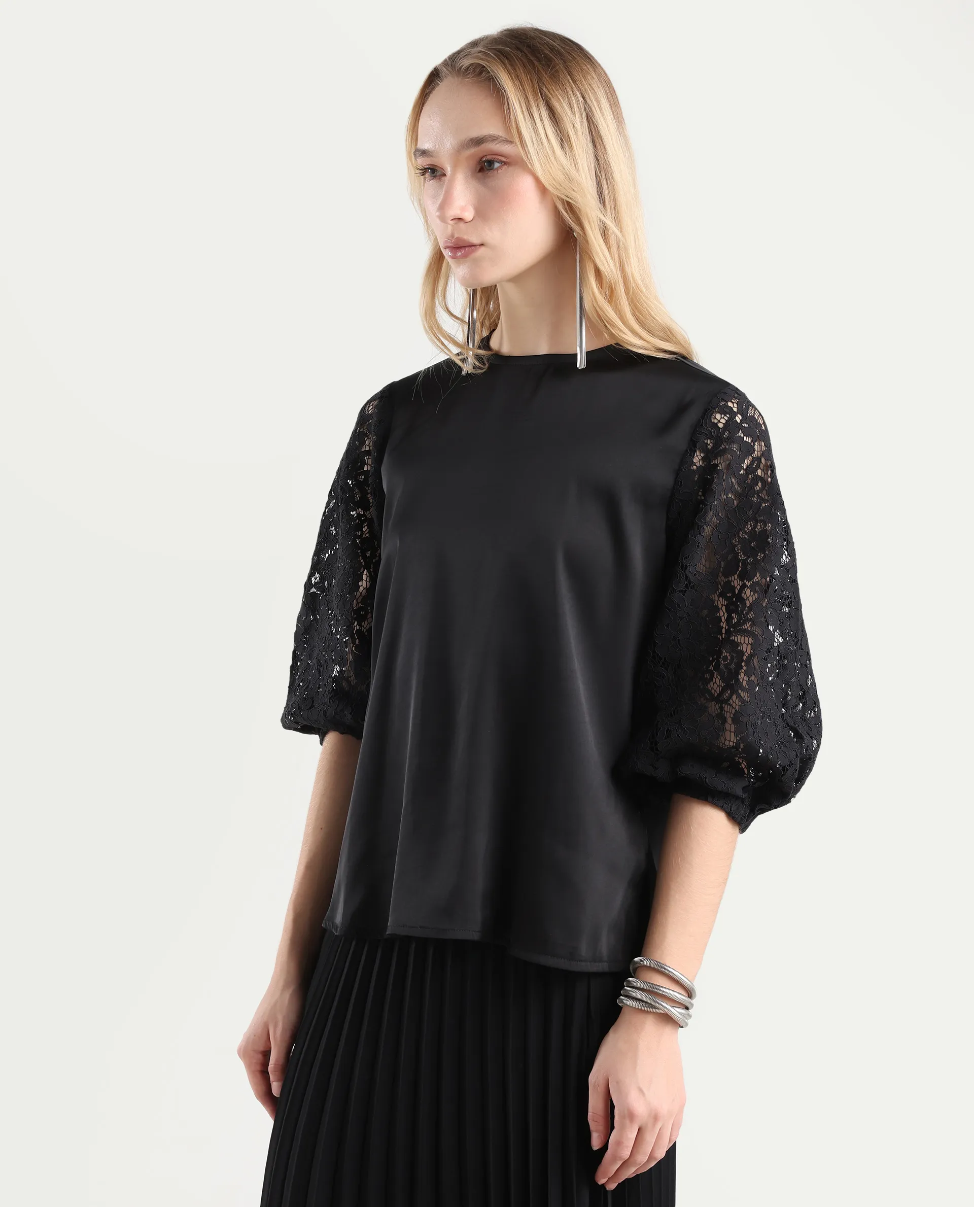 Rareism Women's Norbury Black Polyester High Neck Plain Balloon Sleeve Regular Fit Top - Image 5