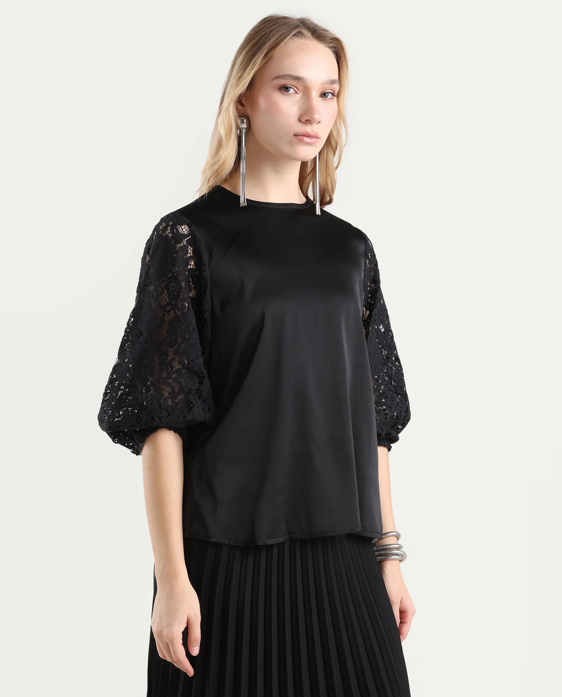 Rareism Women's Norbury Black Polyester High Neck Plain Balloon Sleeve Regular Fit Top - Image 6