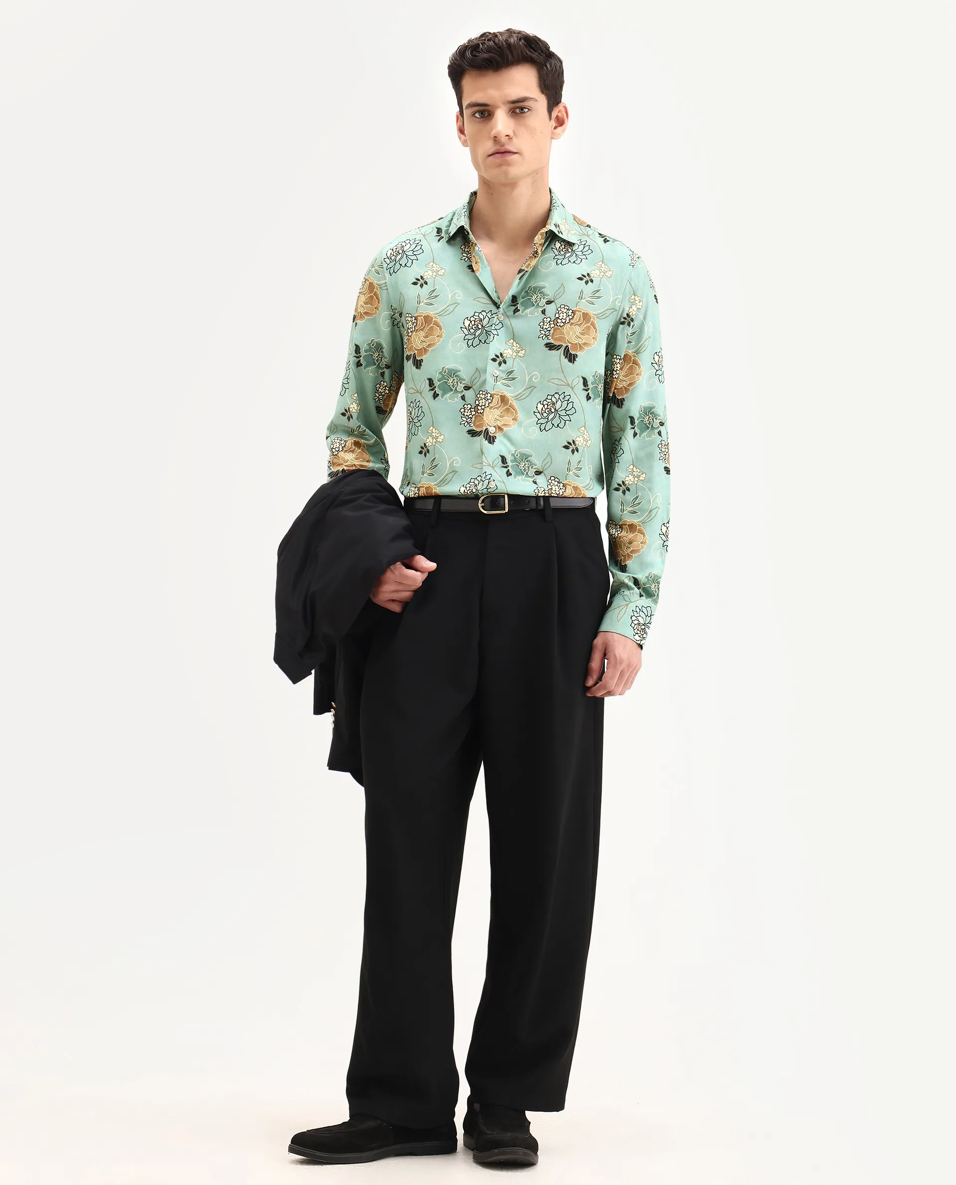 Rare Rabbit Men's Nord-25 Dusky Green Viscose Blend Fabric Spread Collar Regular Fit Floral Print Shirt - Image 2