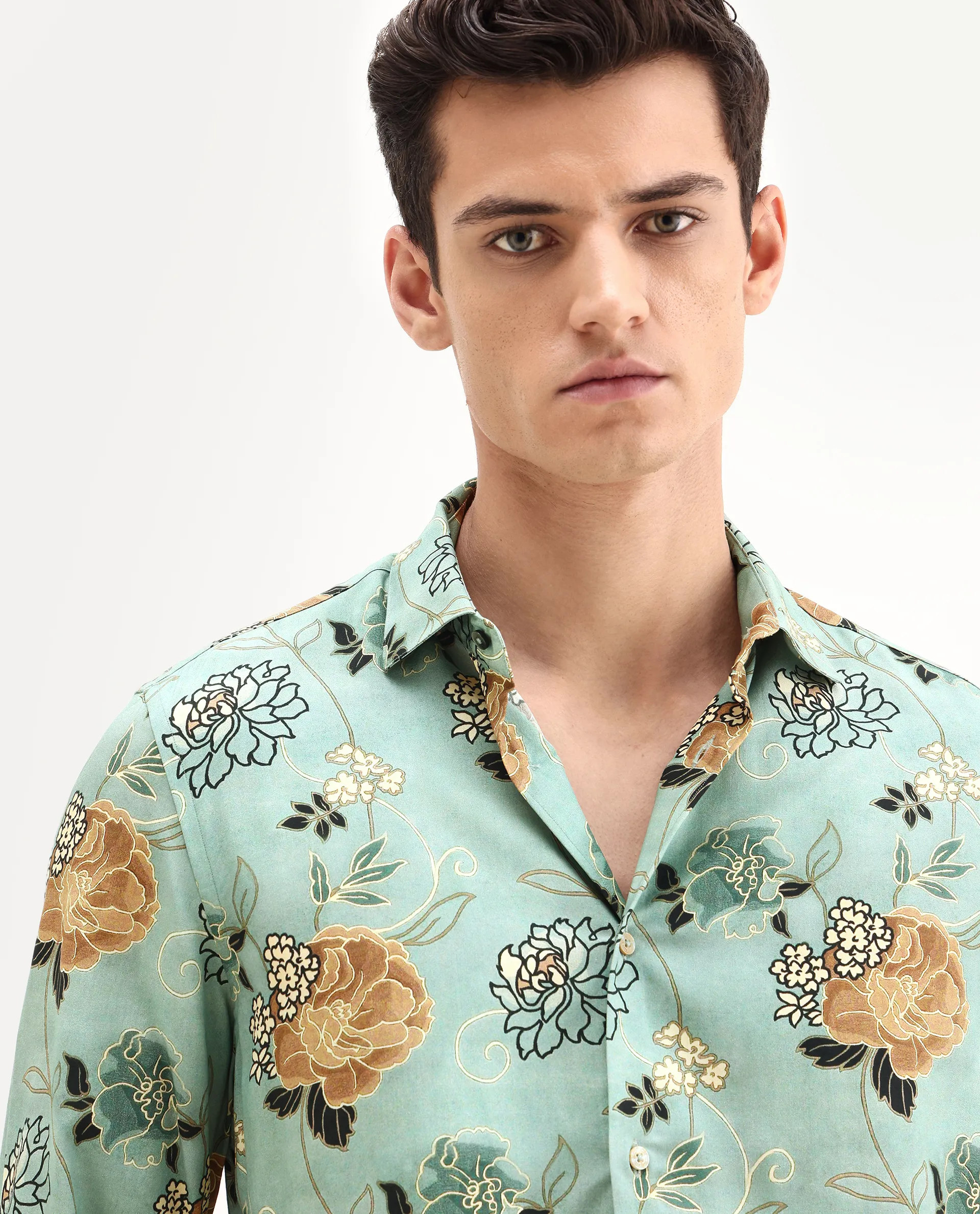 Rare Rabbit Men's Nord-25 Dusky Green Viscose Blend Fabric Spread Collar Regular Fit Floral Print Shirt - Image 3