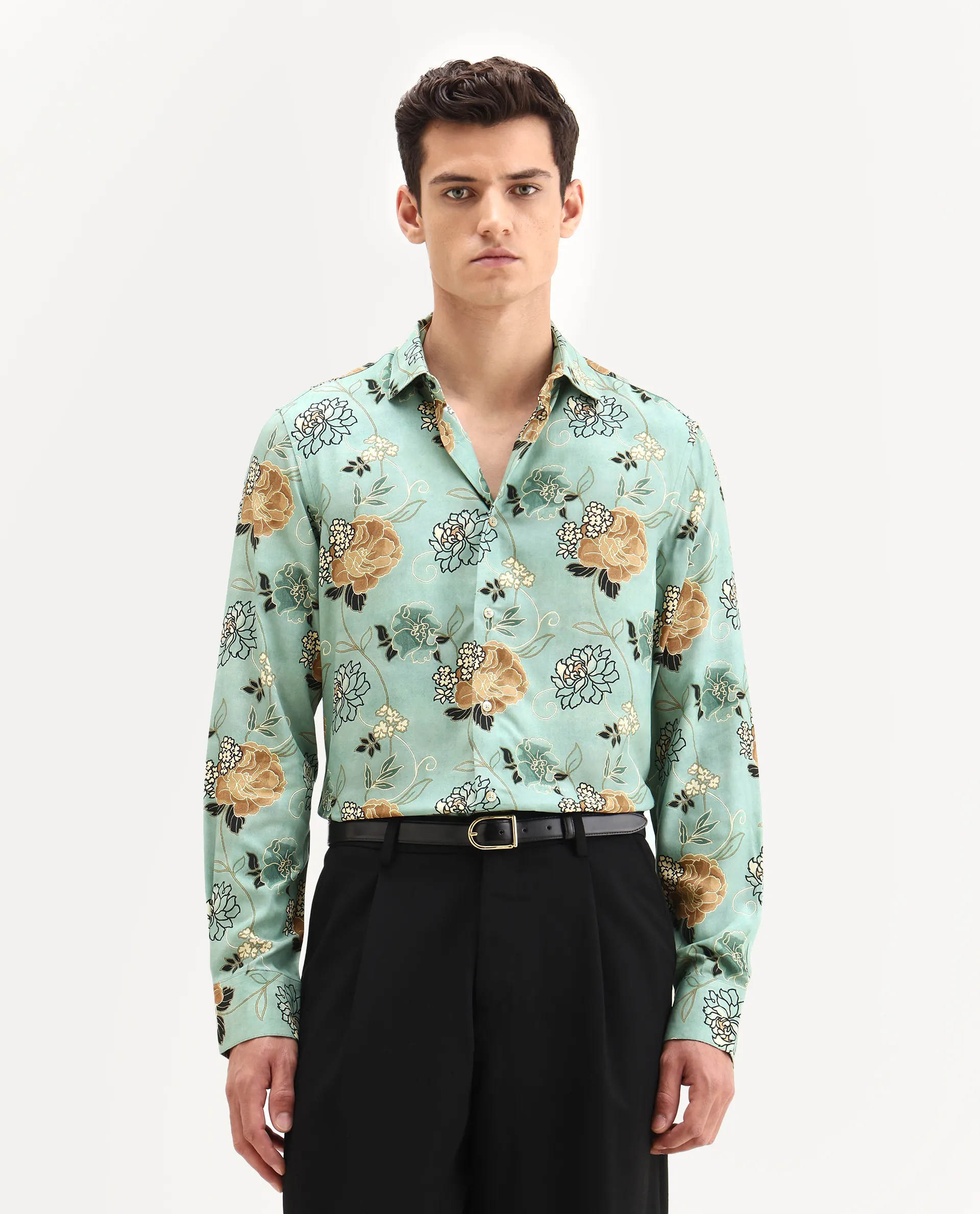 Rare Rabbit Men's Nord-25 Dusky Green Viscose Blend Fabric Spread Collar Regular Fit Floral Print Shirt - Image 4