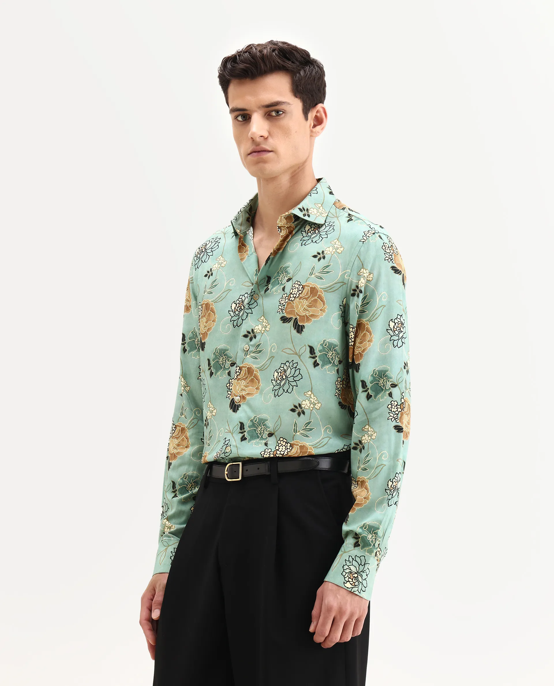 Rare Rabbit Men's Nord-25 Dusky Green Viscose Blend Fabric Spread Collar Regular Fit Floral Print Shirt - Image 5