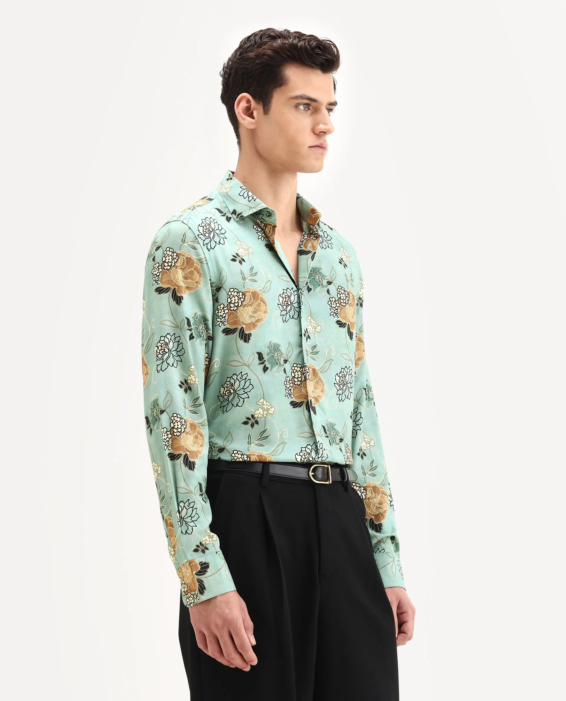 Rare Rabbit Men's Nord-25 Dusky Green Viscose Blend Fabric Spread Collar Regular Fit Floral Print Shirt - Image 6