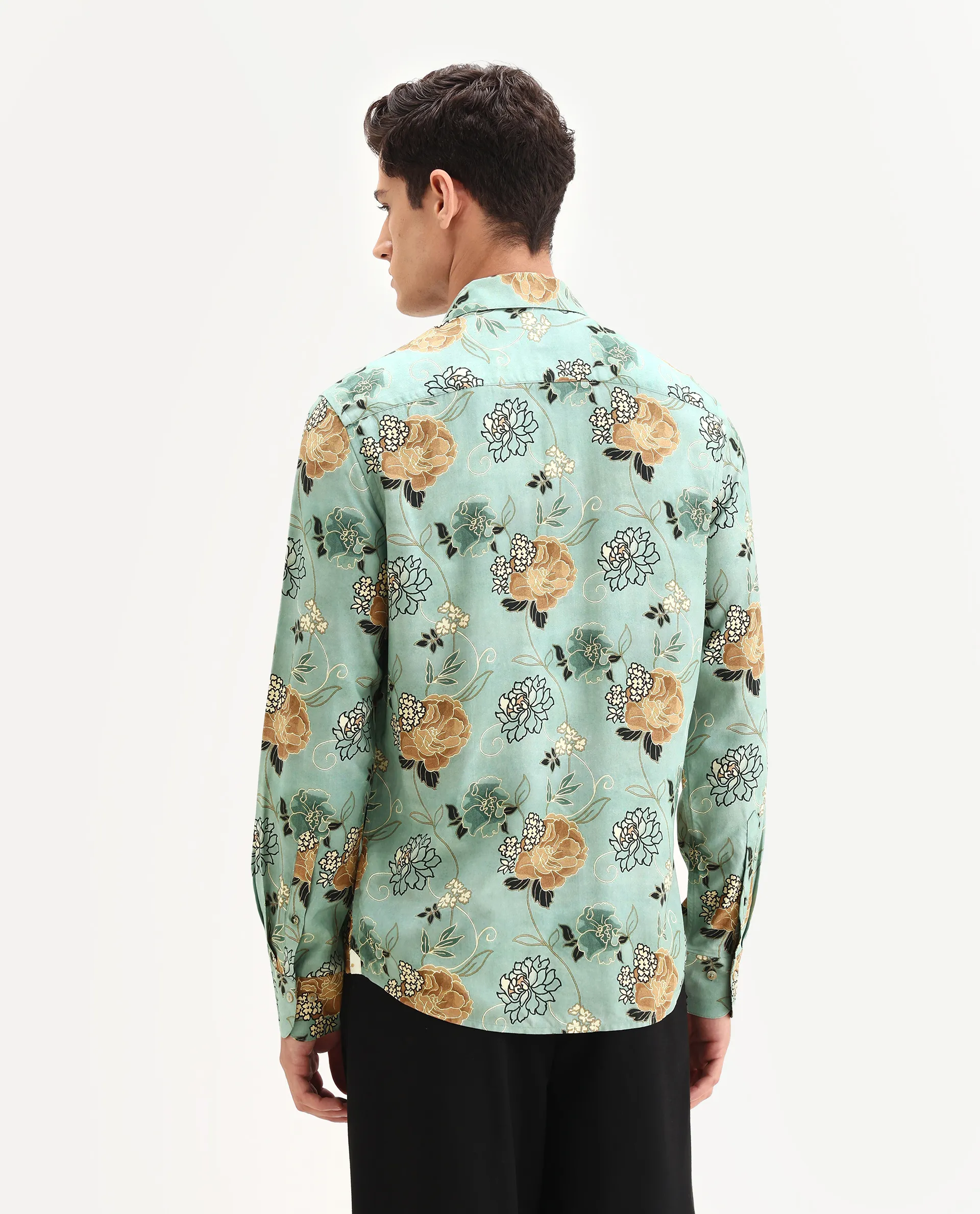 Rare Rabbit Men's Nord-25 Dusky Green Viscose Blend Fabric Spread Collar Regular Fit Floral Print Shirt - Image 7