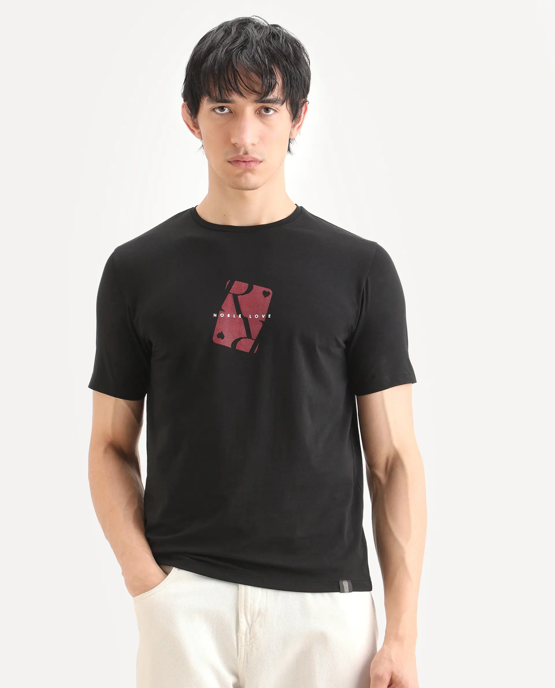 Rare Rabbit Men's Nord Black Cotton Blend Fabric Half Sleeve Crew Neck Regular Fit Graphic Print T-Shirt - Image 4