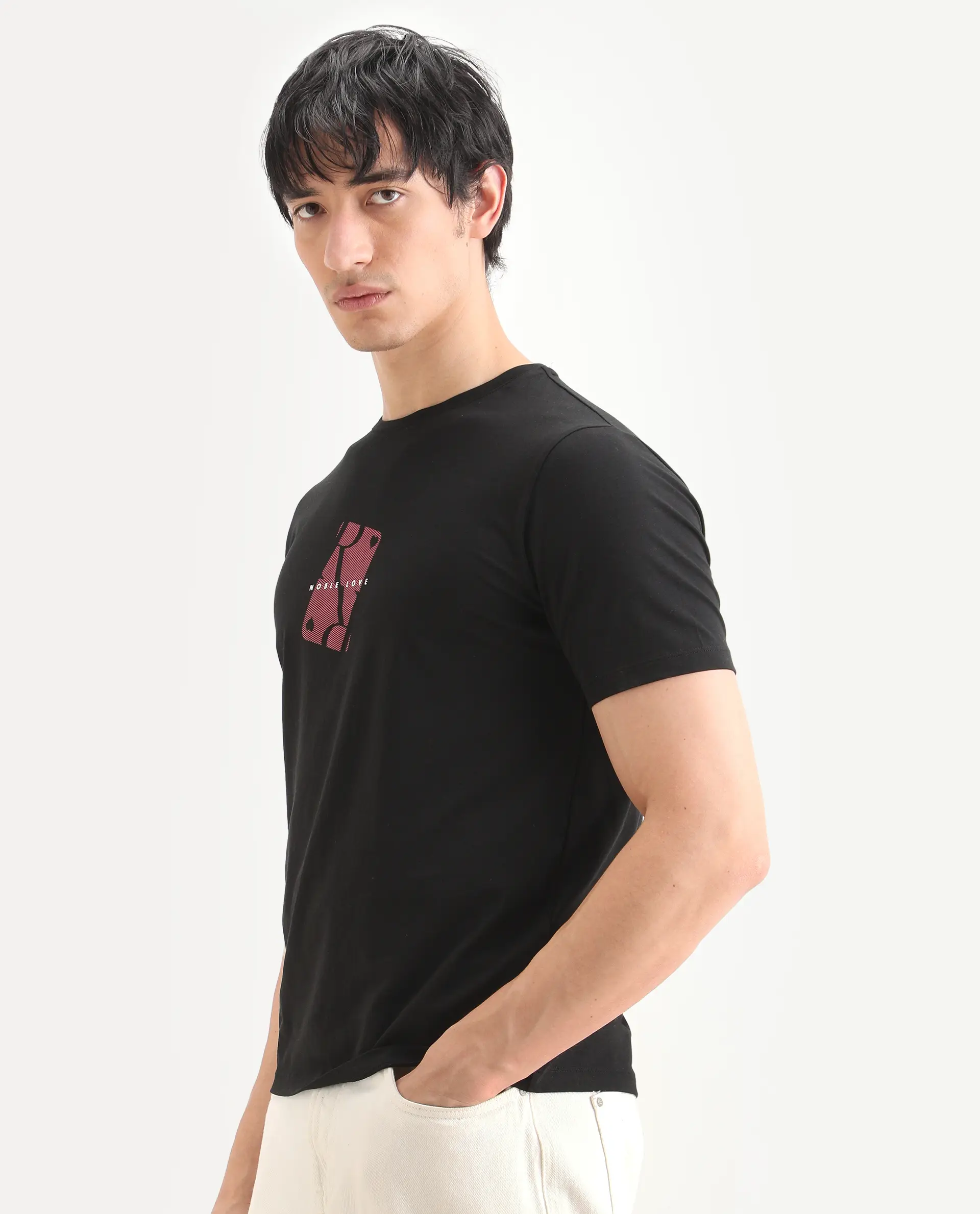 Rare Rabbit Men's Nord Black Cotton Blend Fabric Half Sleeve Crew Neck Regular Fit Graphic Print T-Shirt - Image 5