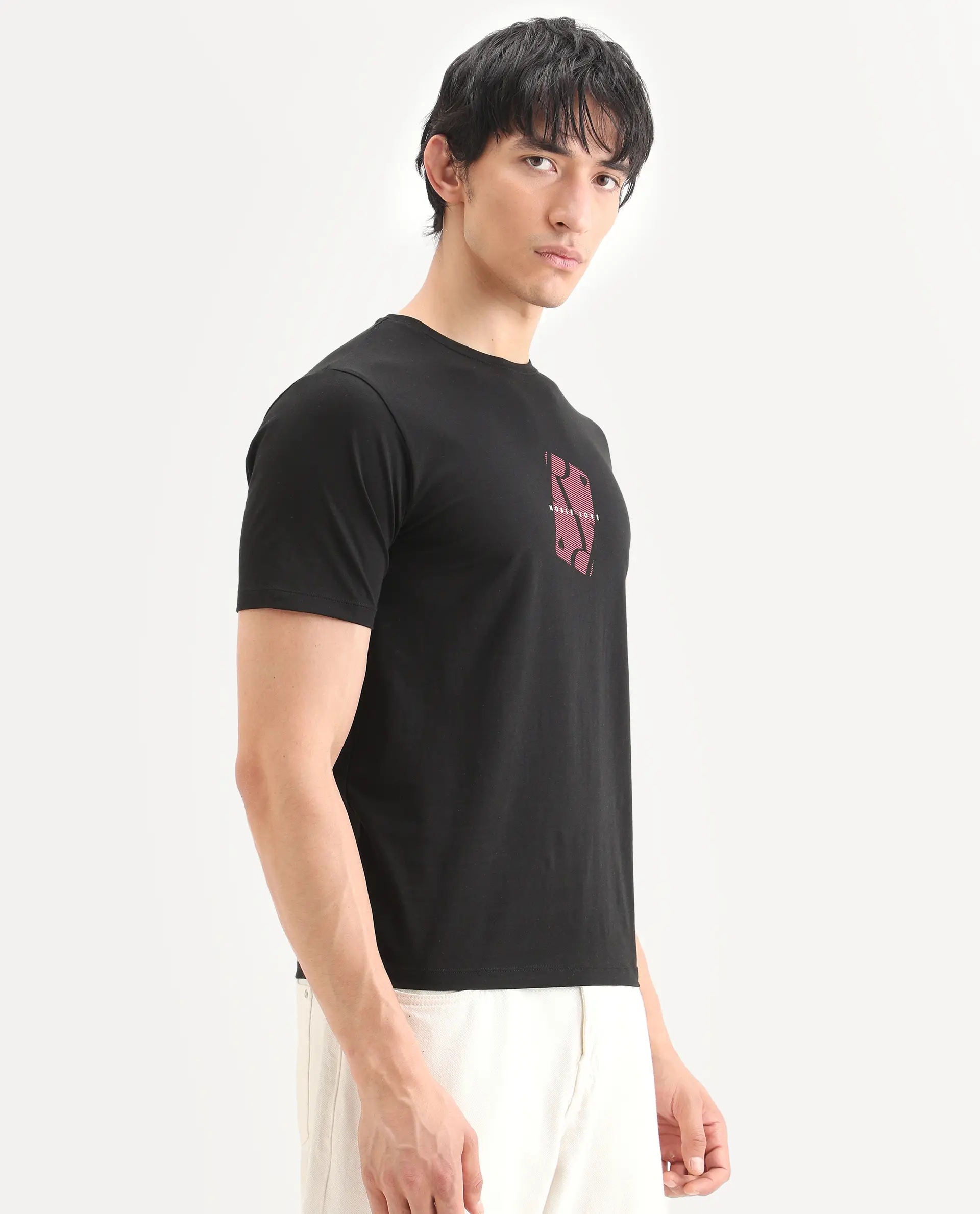 Rare Rabbit Men's Nord Black Cotton Blend Fabric Half Sleeve Crew Neck Regular Fit Graphic Print T-Shirt - Image 6