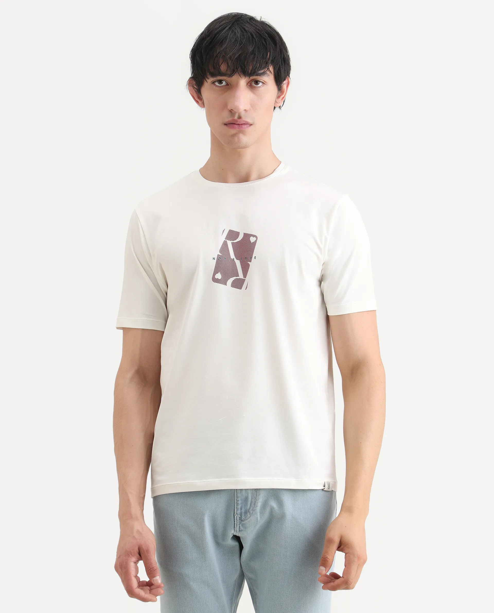 Rare Rabbit Men's Nord White Cotton Blend Fabric Half Sleeve Crew Neck Regular Fit Graphic Print T-Shirt - Image 4