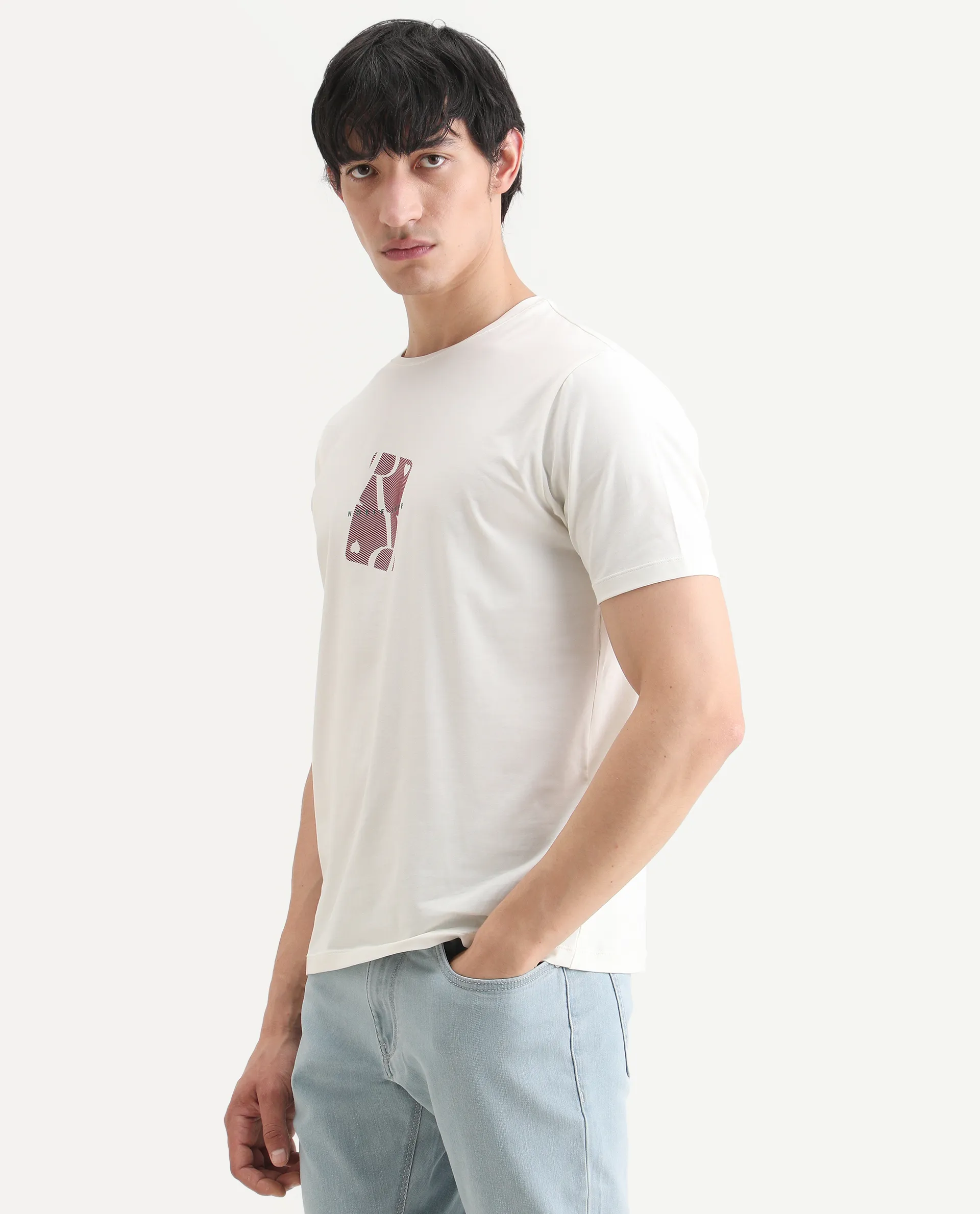 Rare Rabbit Men's Nord White Cotton Blend Fabric Half Sleeve Crew Neck Regular Fit Graphic Print T-Shirt - Image 5
