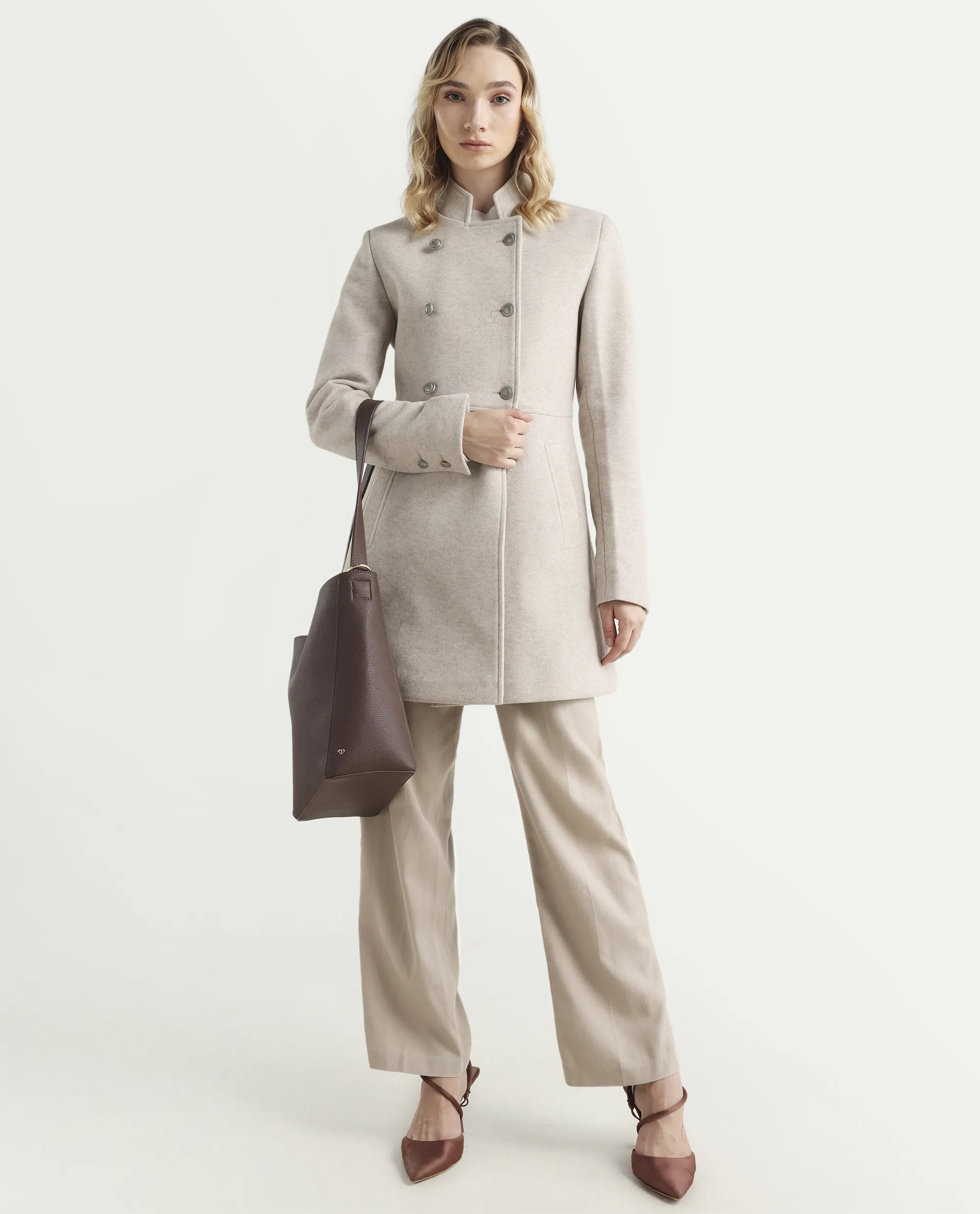 Rareism Women's Norint Beige Polyester Blend Mandarin Collar Fitted Coat - Image 2