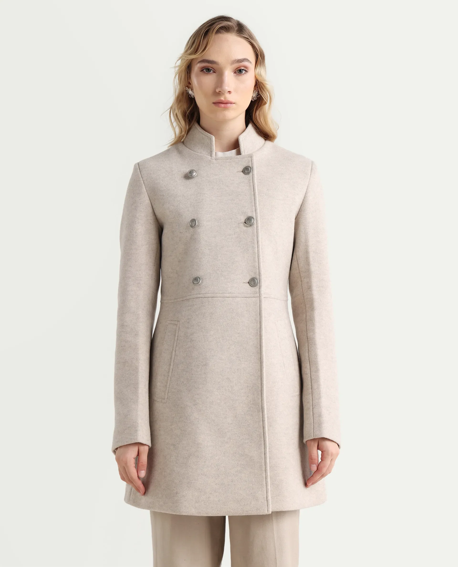 Rareism Women's Norint Beige Polyester Blend Mandarin Collar Fitted Coat - Image 3