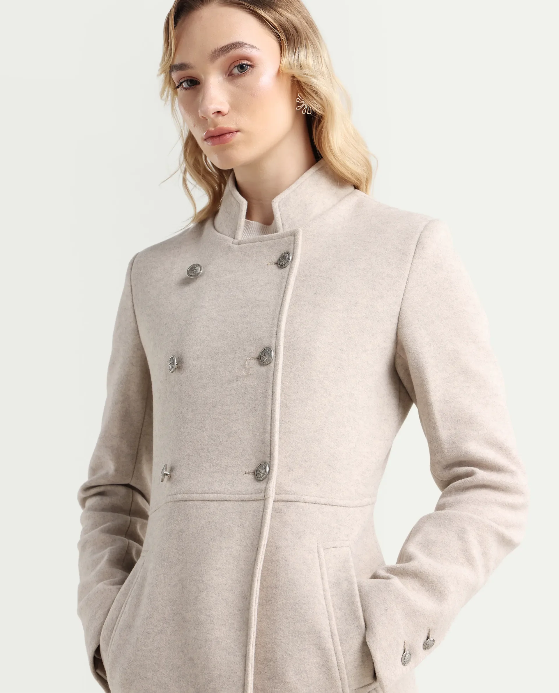 Rareism Women's Norint Beige Polyester Blend Mandarin Collar Fitted Coat - Image 4