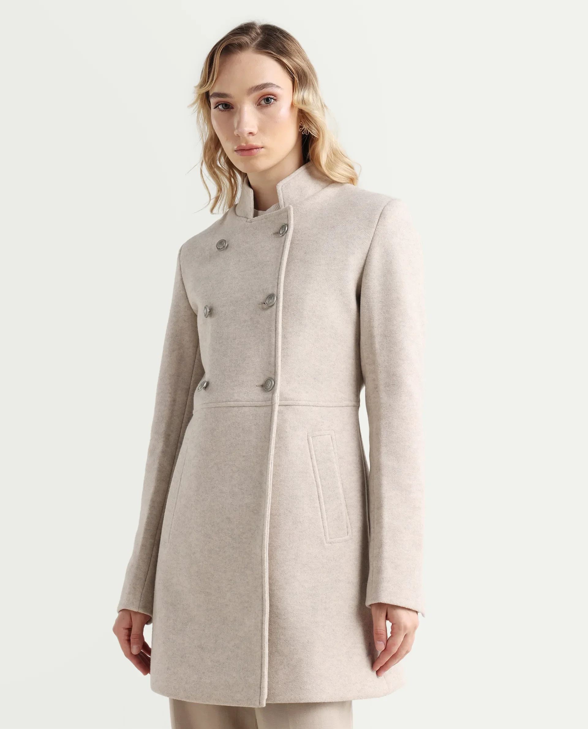 Rareism Women's Norint Beige Polyester Blend Mandarin Collar Fitted Coat - Image 5