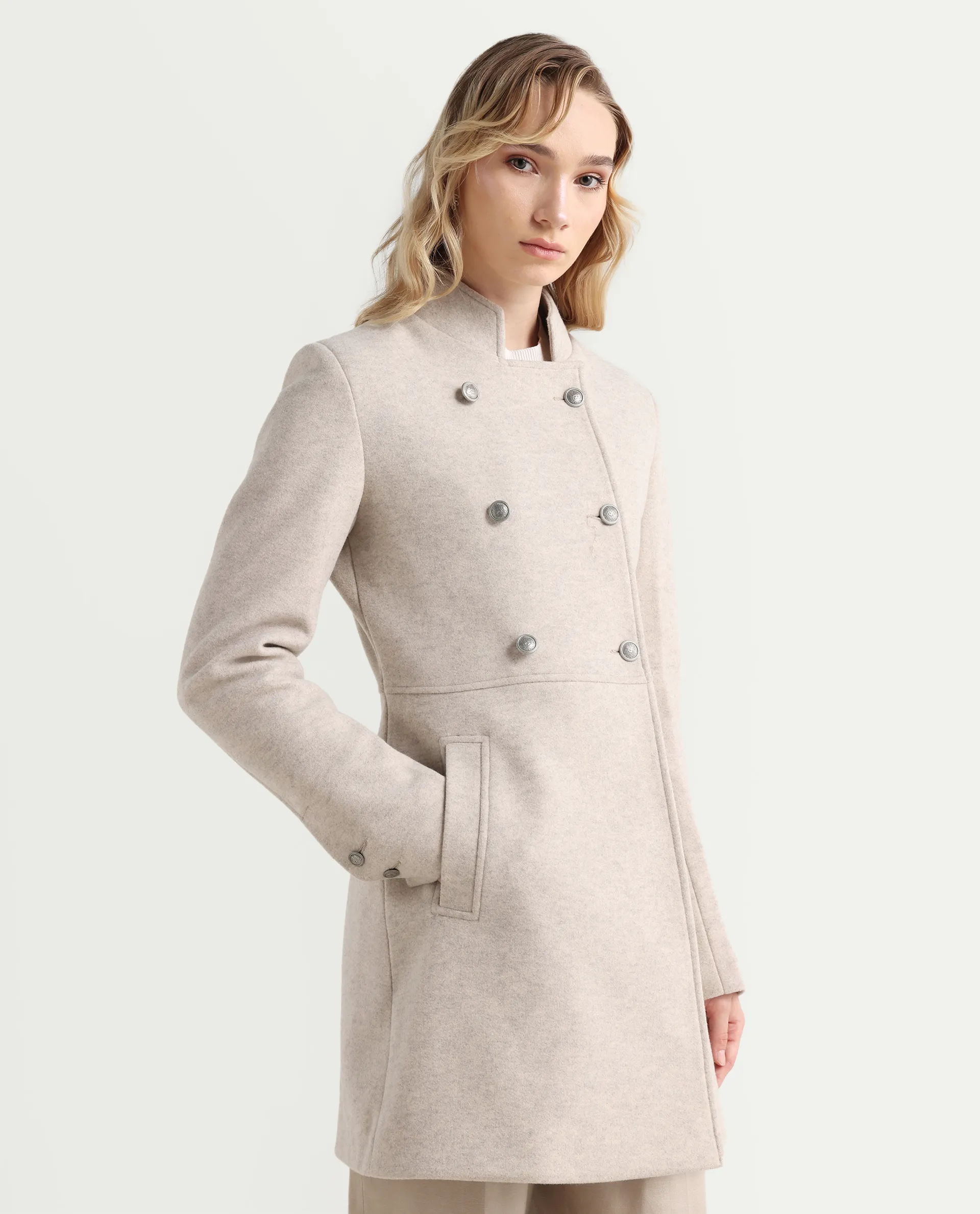 Rareism Women's Norint Beige Polyester Blend Mandarin Collar Fitted Coat - Image 6