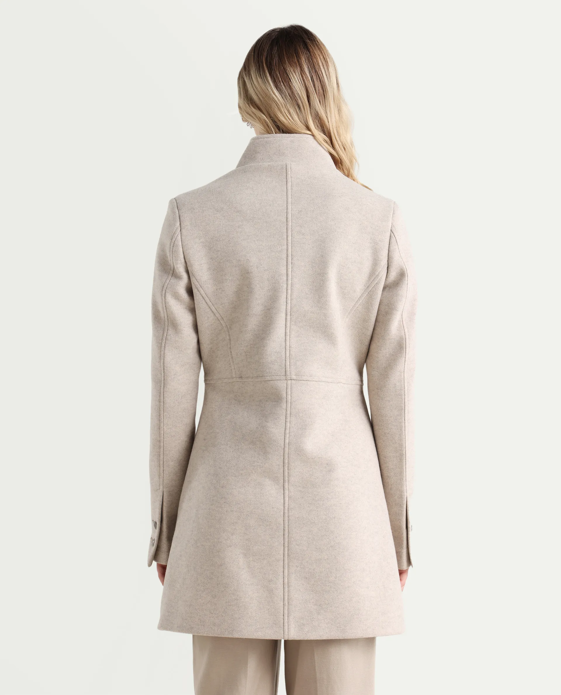 Rareism Women's Norint Beige Polyester Blend Mandarin Collar Fitted Coat - Image 7