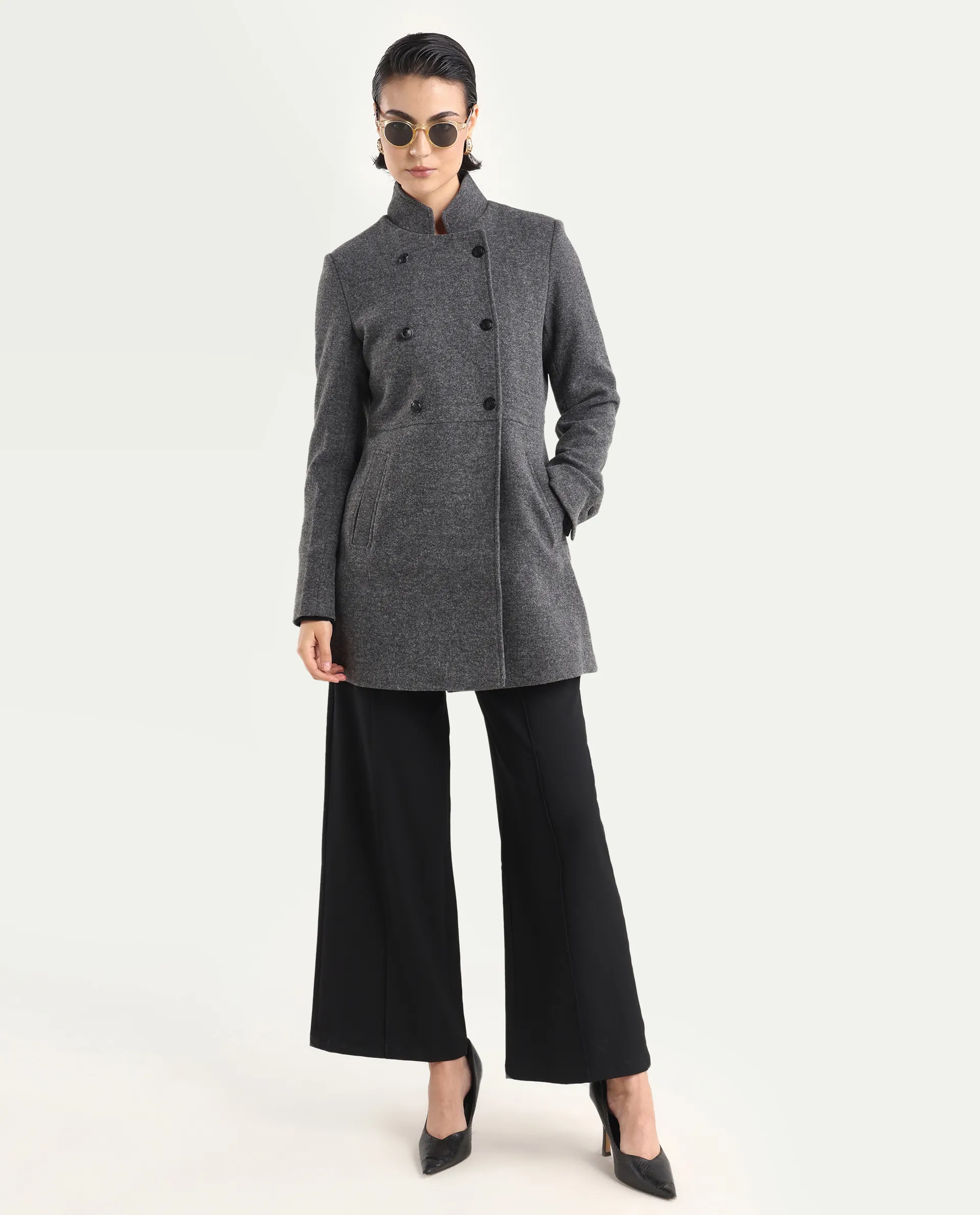 Rareism Women's Norint Dark Grey Polyester Blend Mandarin Collar Fitted Coat - Image 2