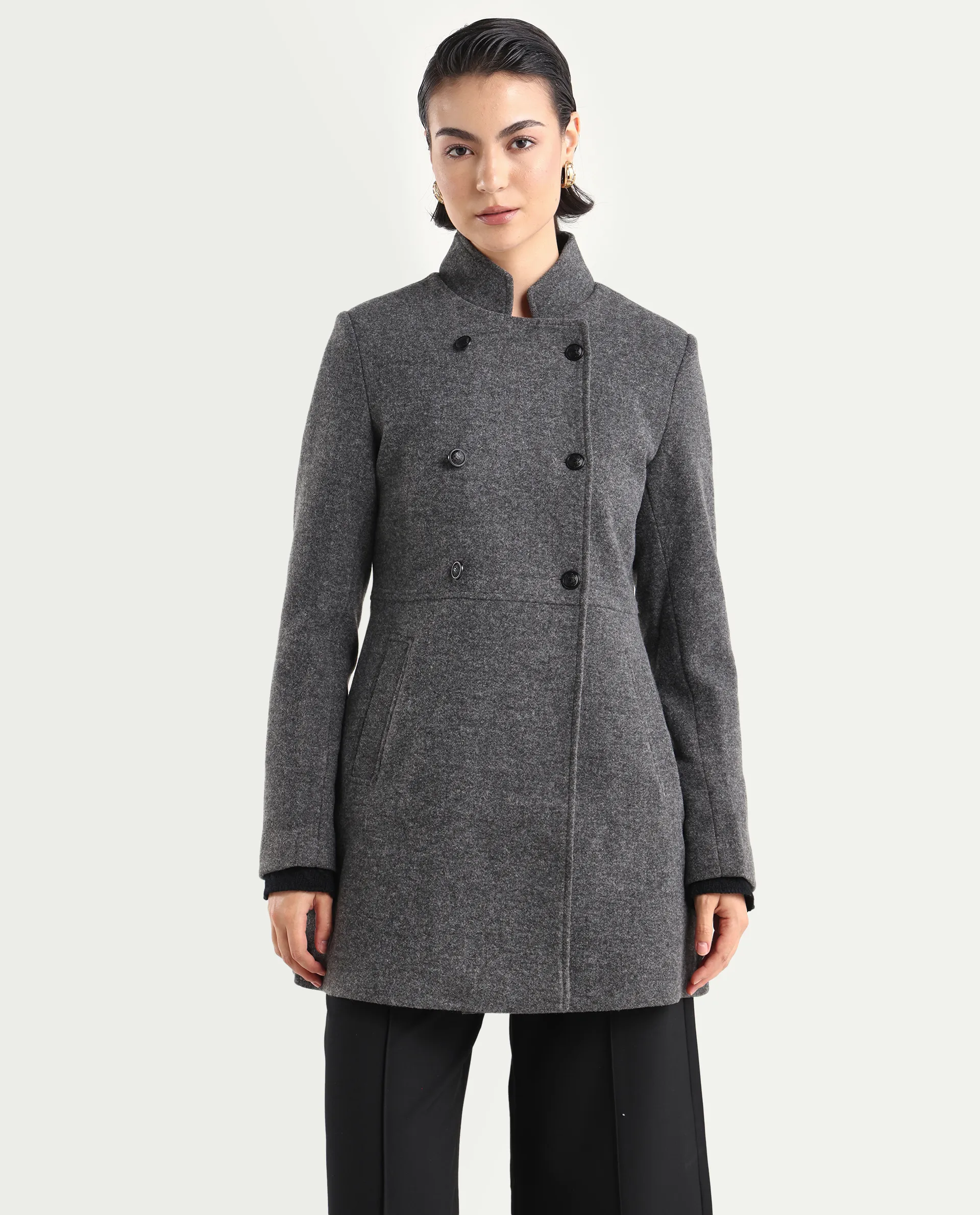 Rareism Women's Norint Dark Grey Polyester Blend Mandarin Collar Fitted Coat - Image 3