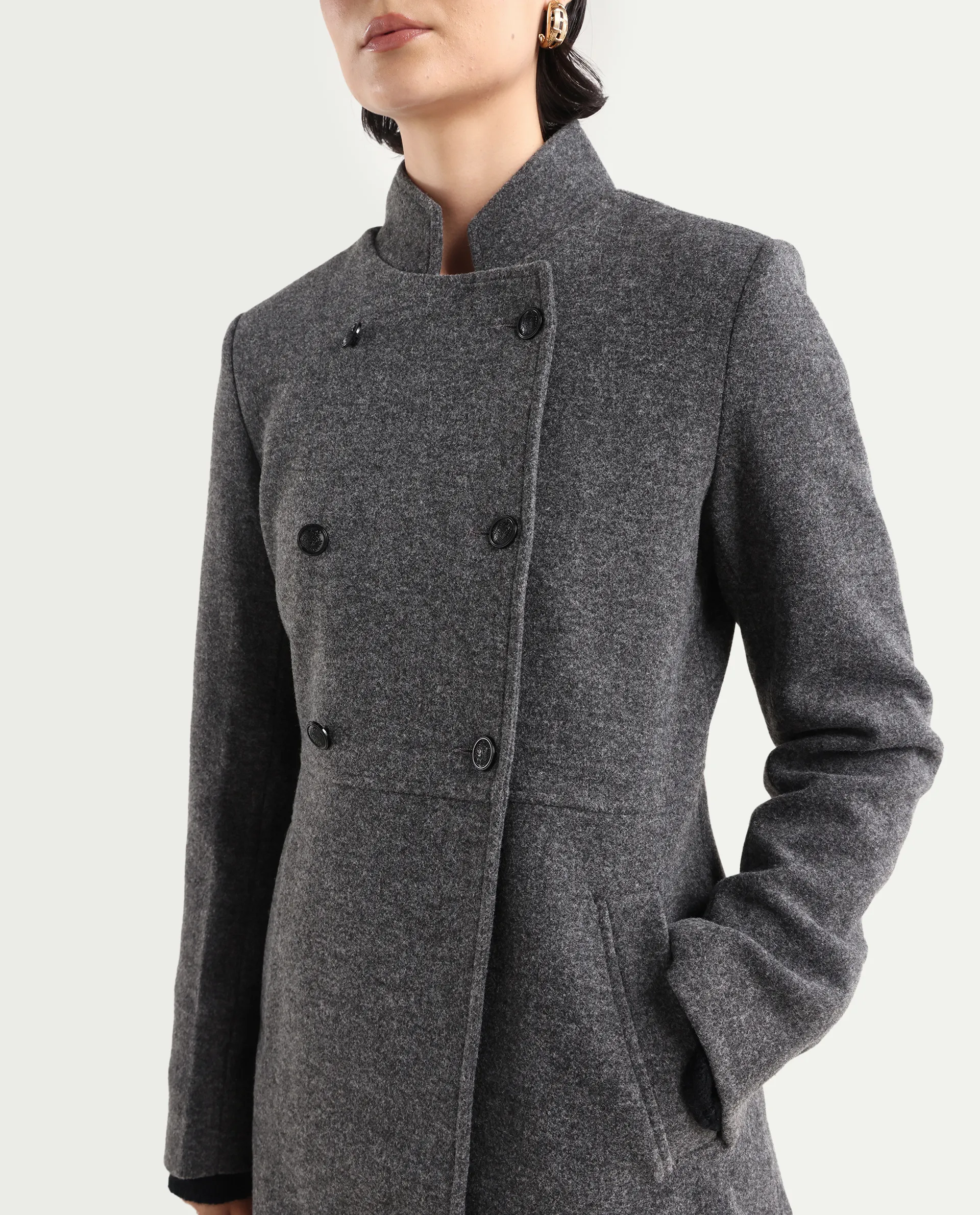 Rareism Women's Norint Dark Grey Polyester Blend Mandarin Collar Fitted Coat - Image 4