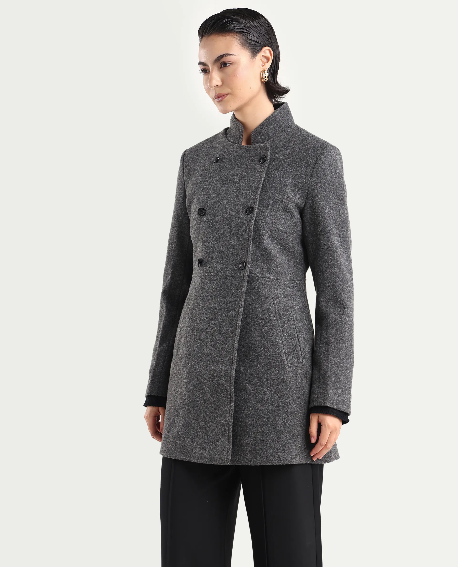 Rareism Women's Norint Dark Grey Polyester Blend Mandarin Collar Fitted Coat - Image 5