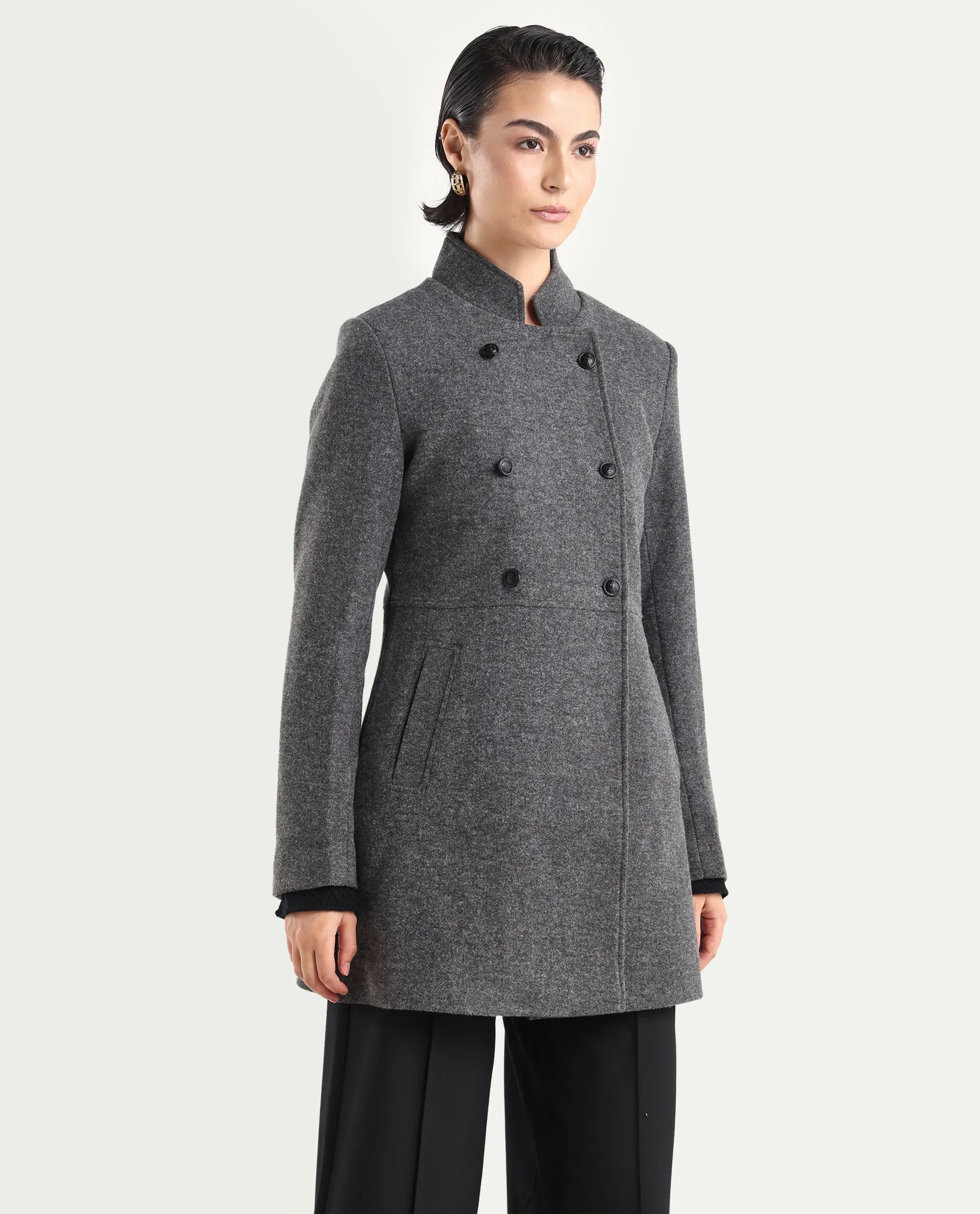 Rareism Women's Norint Dark Grey Polyester Blend Mandarin Collar Fitted Coat - Image 6