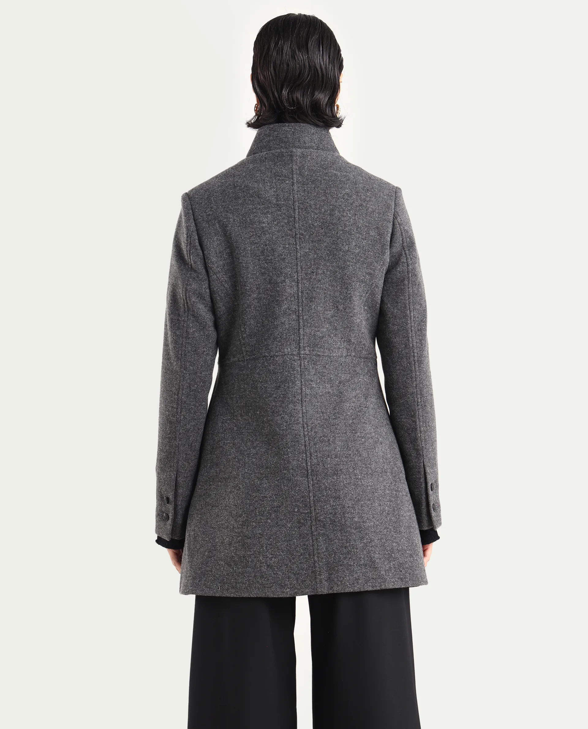 Rareism Women's Norint Dark Grey Polyester Blend Mandarin Collar Fitted Coat - Image 7