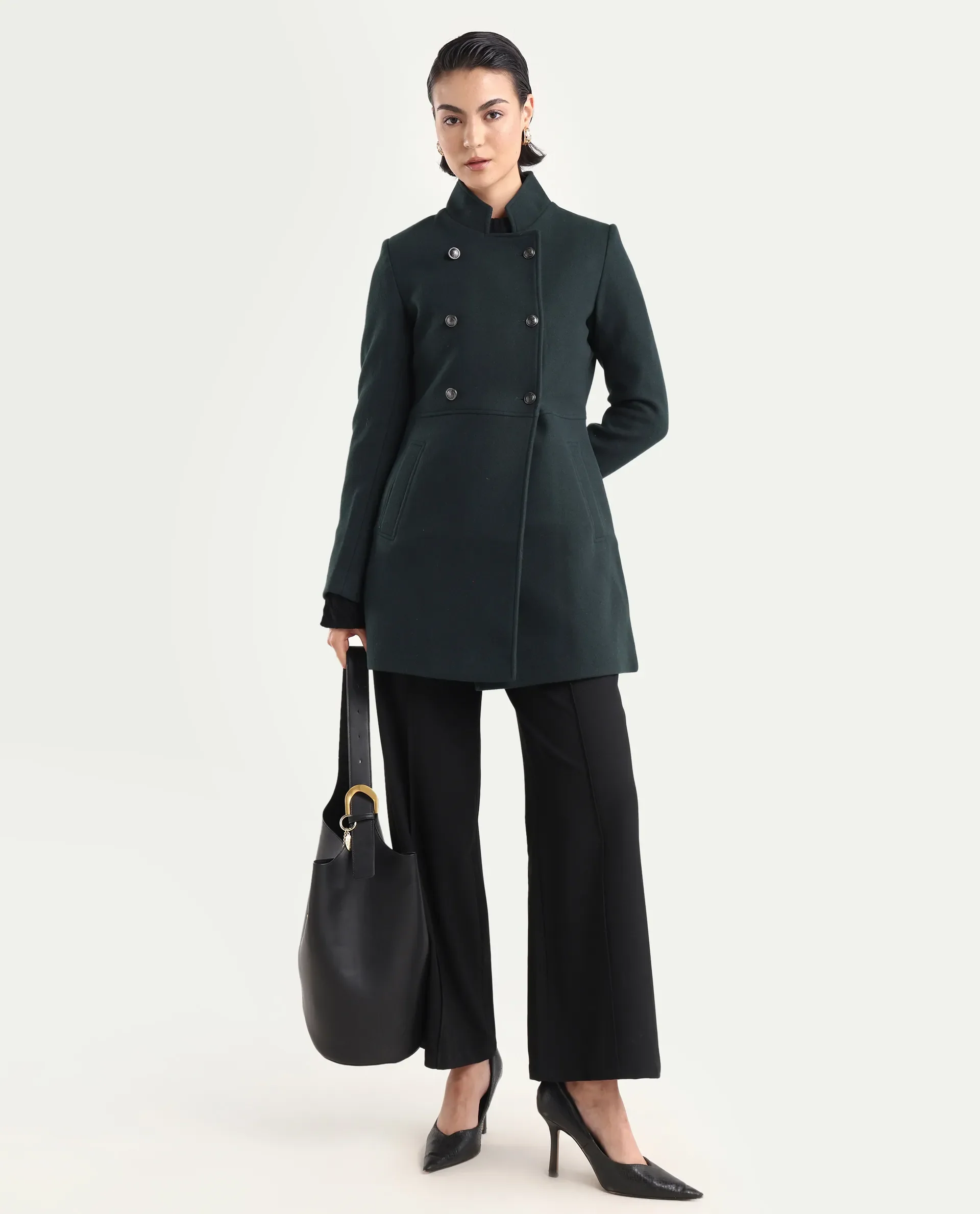 Rareism Women's Norint Dark Teal Polyester Blend Mandarin Collar Fitted Coat - Image 2