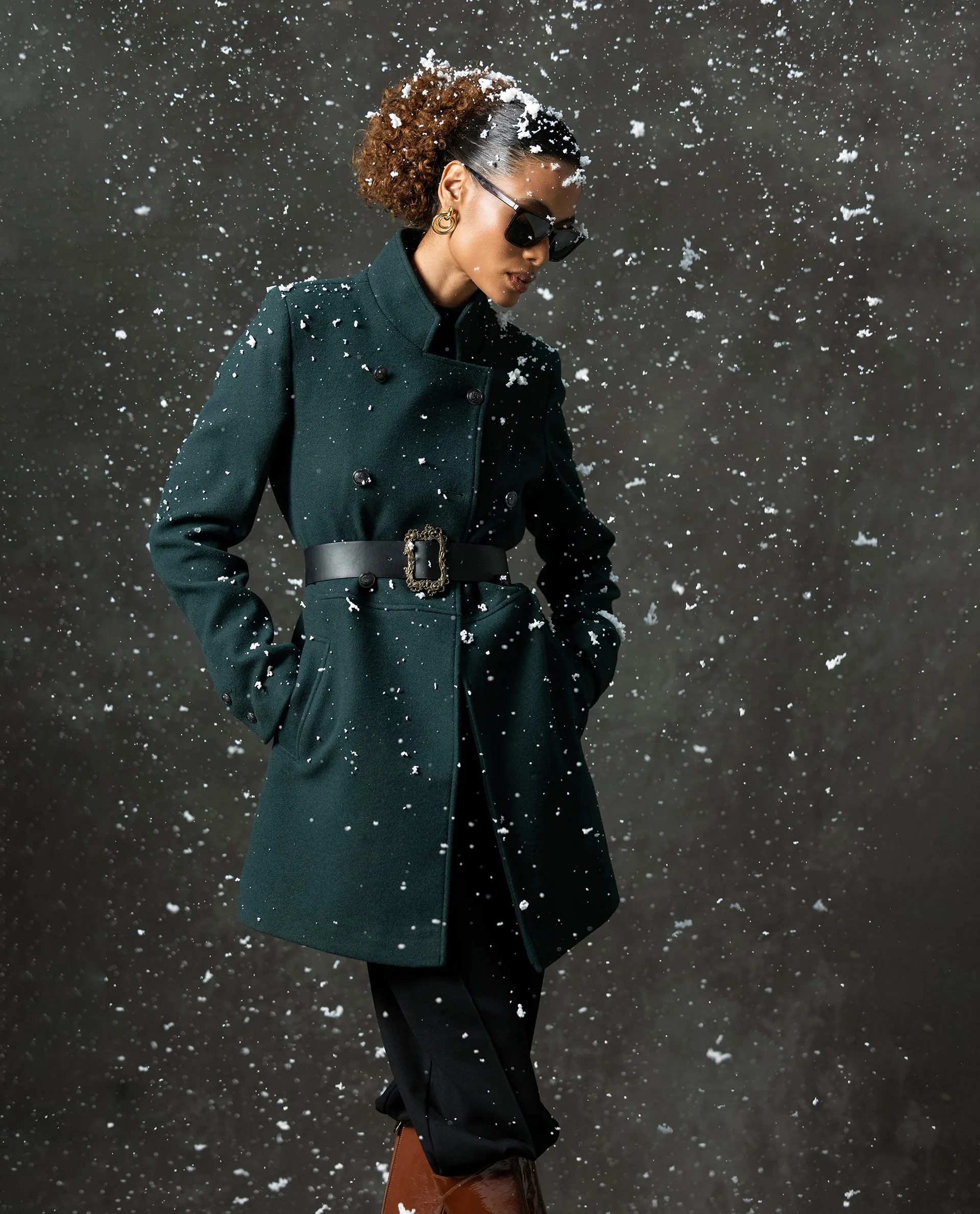 Rareism Women's Norint Dark Teal Polyester Blend Mandarin Collar Fitted Coat - Image 3