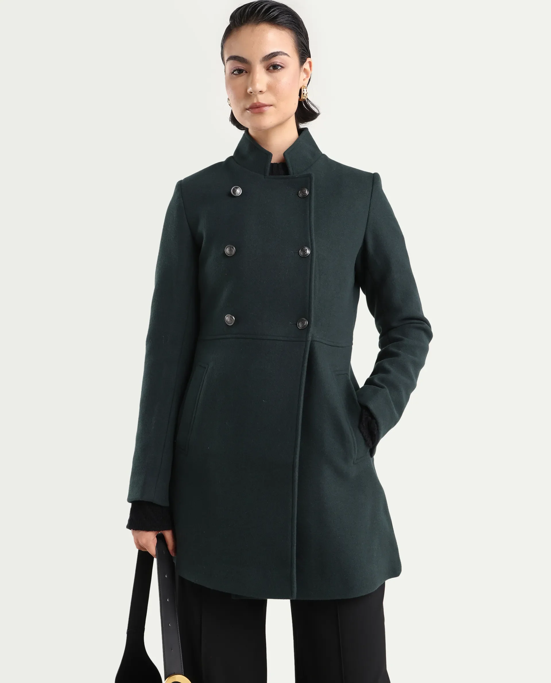 Rareism Women's Norint Dark Teal Polyester Blend Mandarin Collar Fitted Coat - Image 4