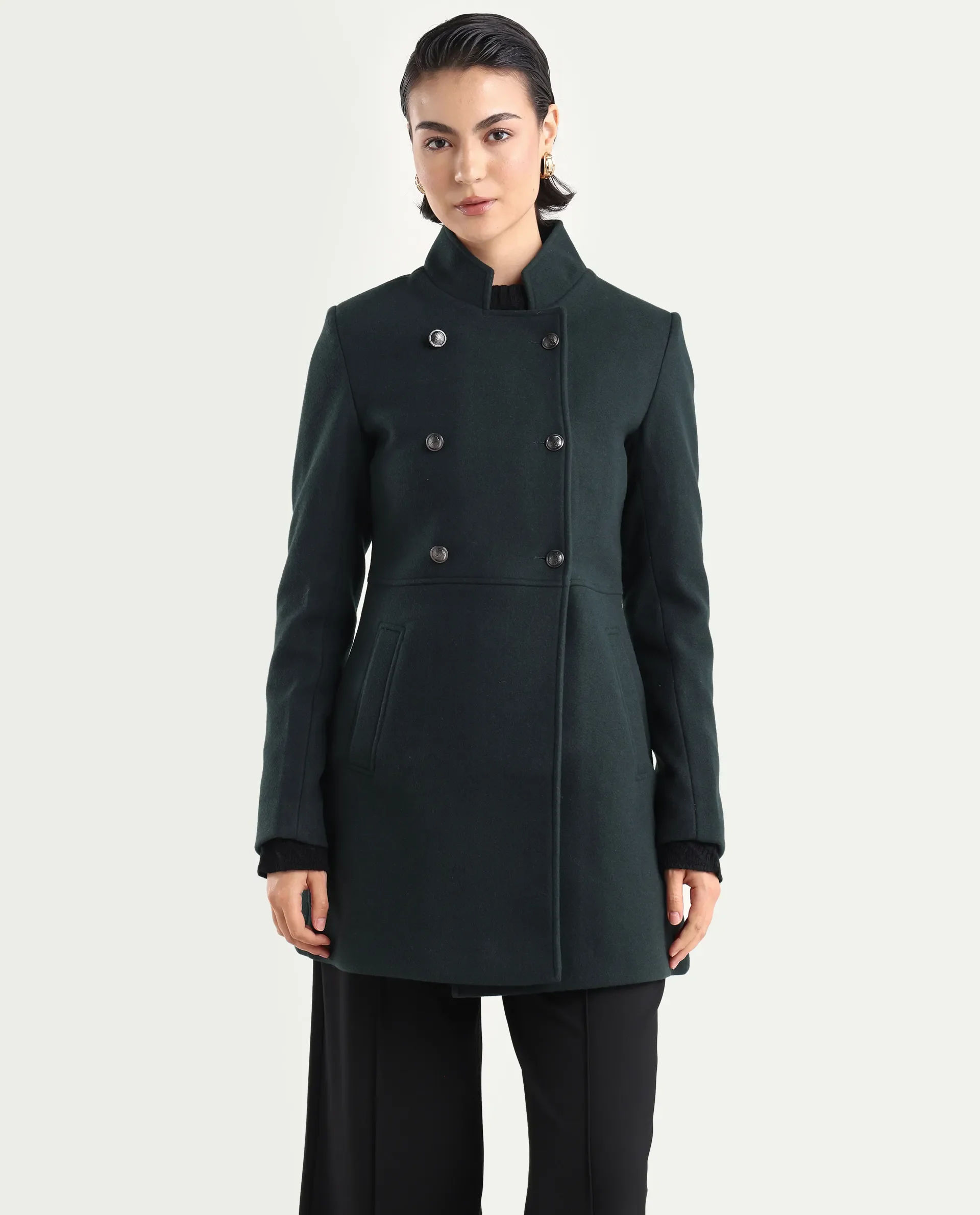 Rareism Women's Norint Dark Teal Polyester Blend Mandarin Collar Fitted Coat - Image 5