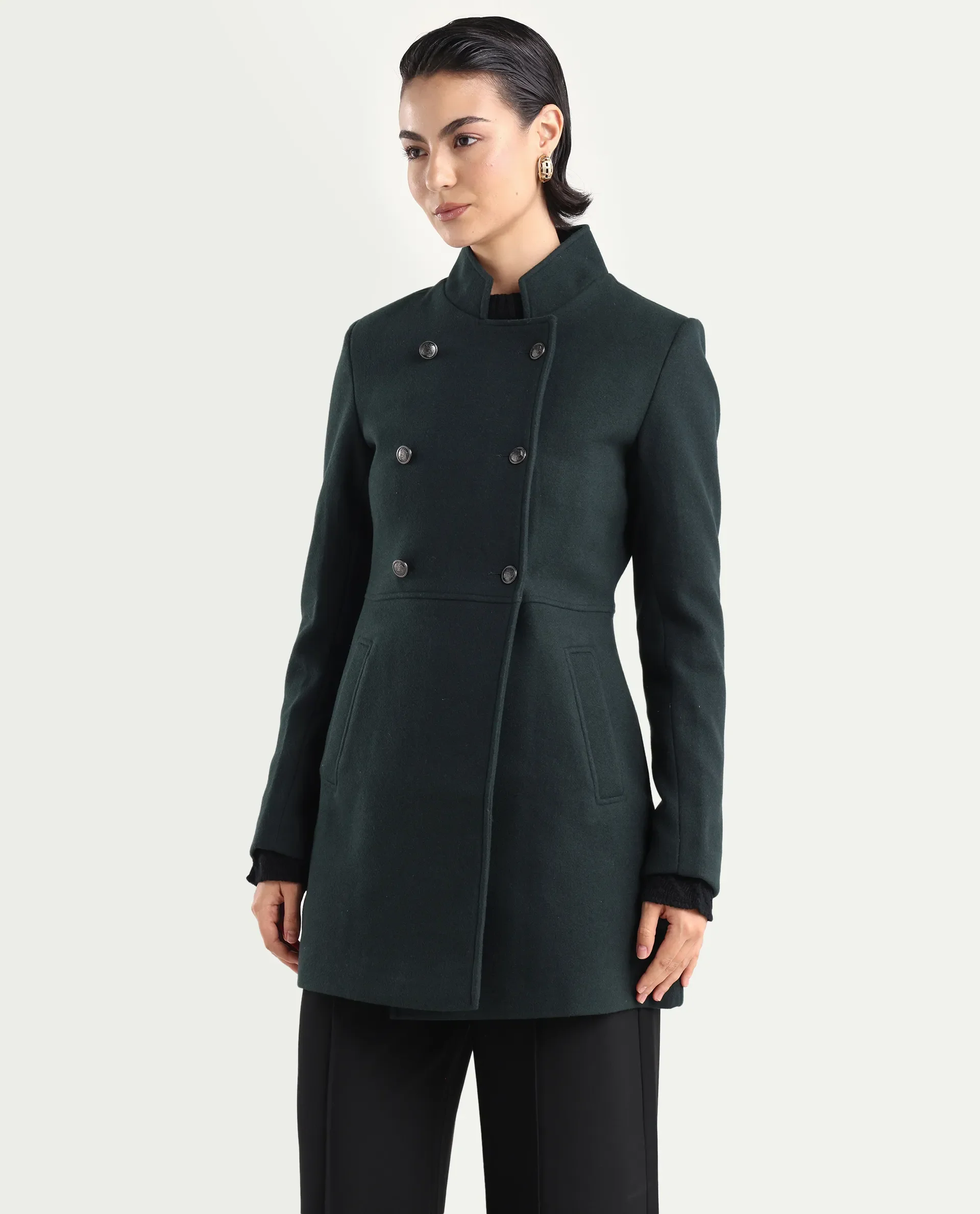 Rareism Women's Norint Dark Teal Polyester Blend Mandarin Collar Fitted Coat - Image 6