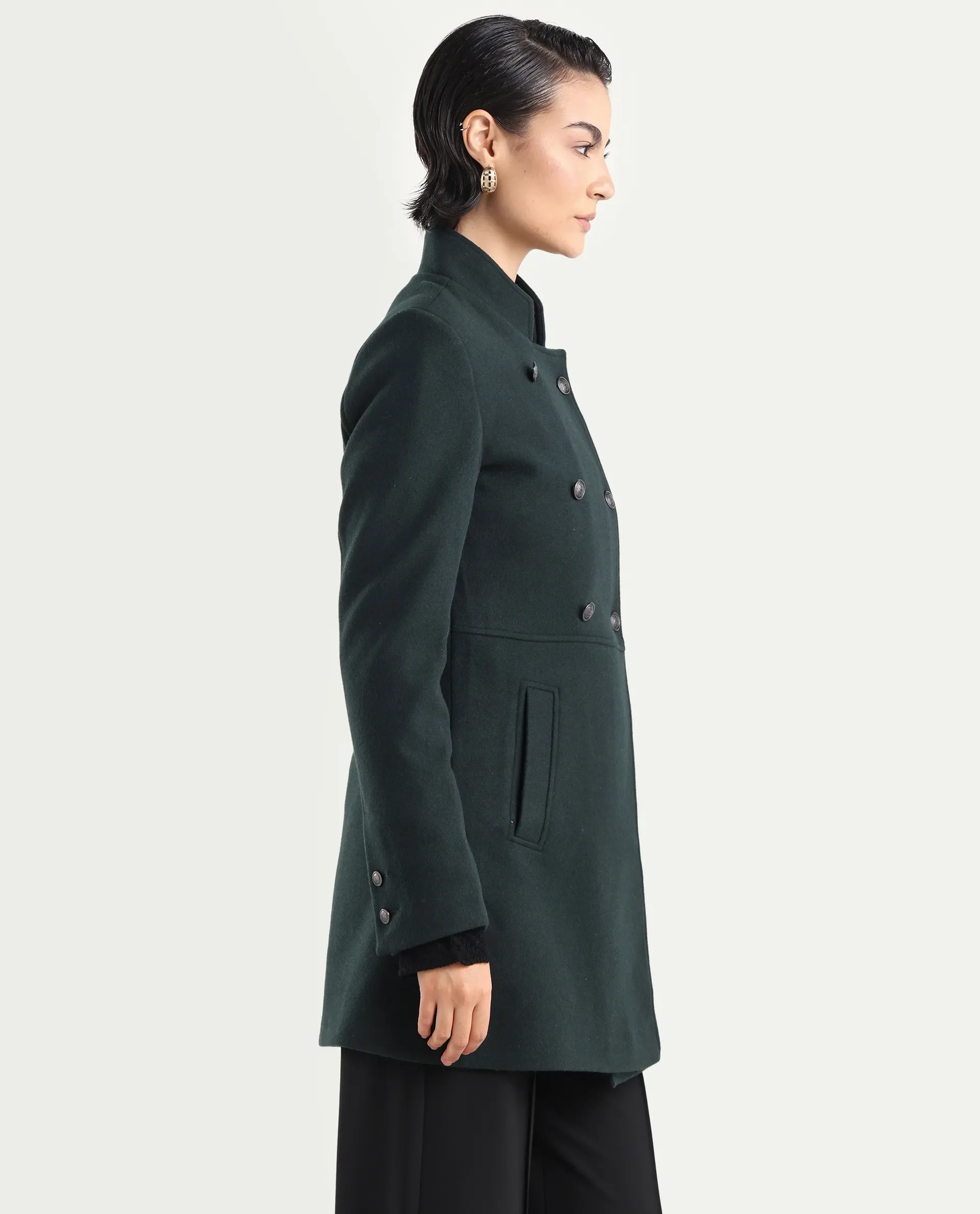 Rareism Women's Norint Dark Teal Polyester Blend Mandarin Collar Fitted Coat - Image 7