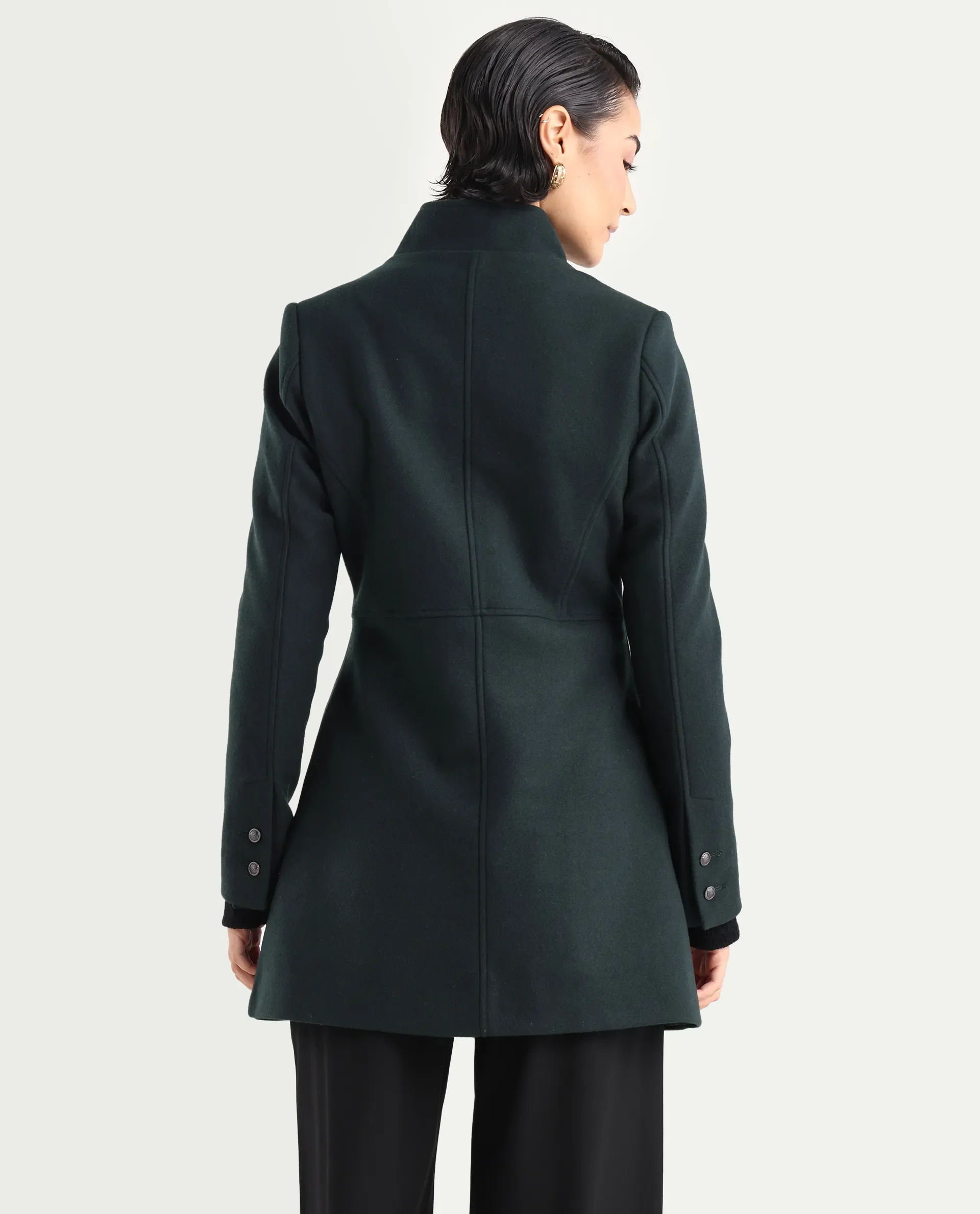 Rareism Women's Norint Dark Teal Polyester Blend Mandarin Collar Fitted Coat - Image 8