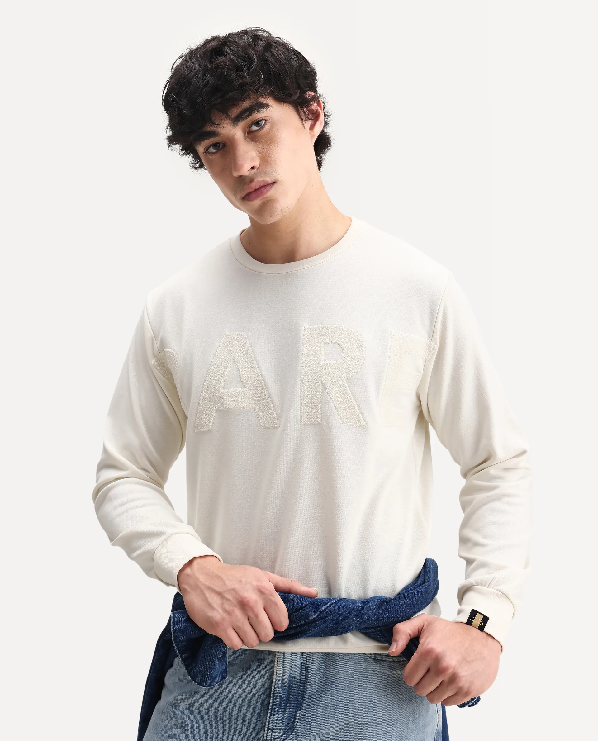 Rare Rabbit Men's Norman Off White Cotton Embroidered Relaxed Fit Full Sleeve Crew Neck Sweatshirt