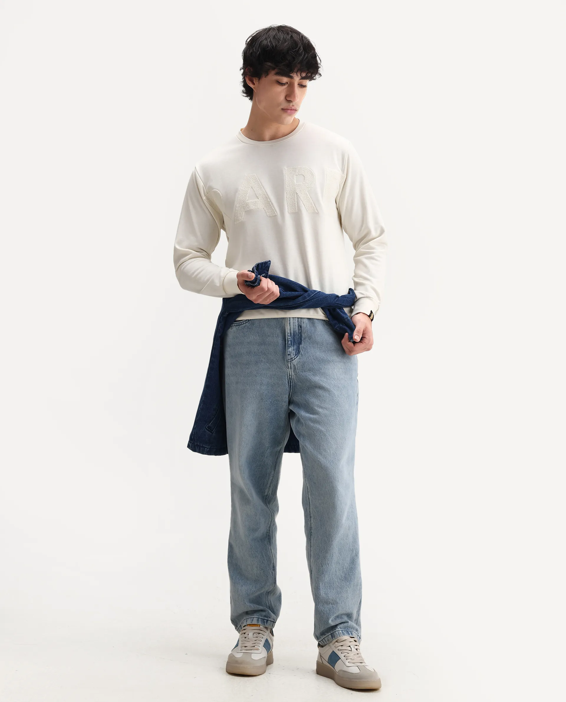 Rare Rabbit Men's Norman Off White Cotton Embroidered Relaxed Fit Full Sleeve Crew Neck Sweatshirt - Image 2