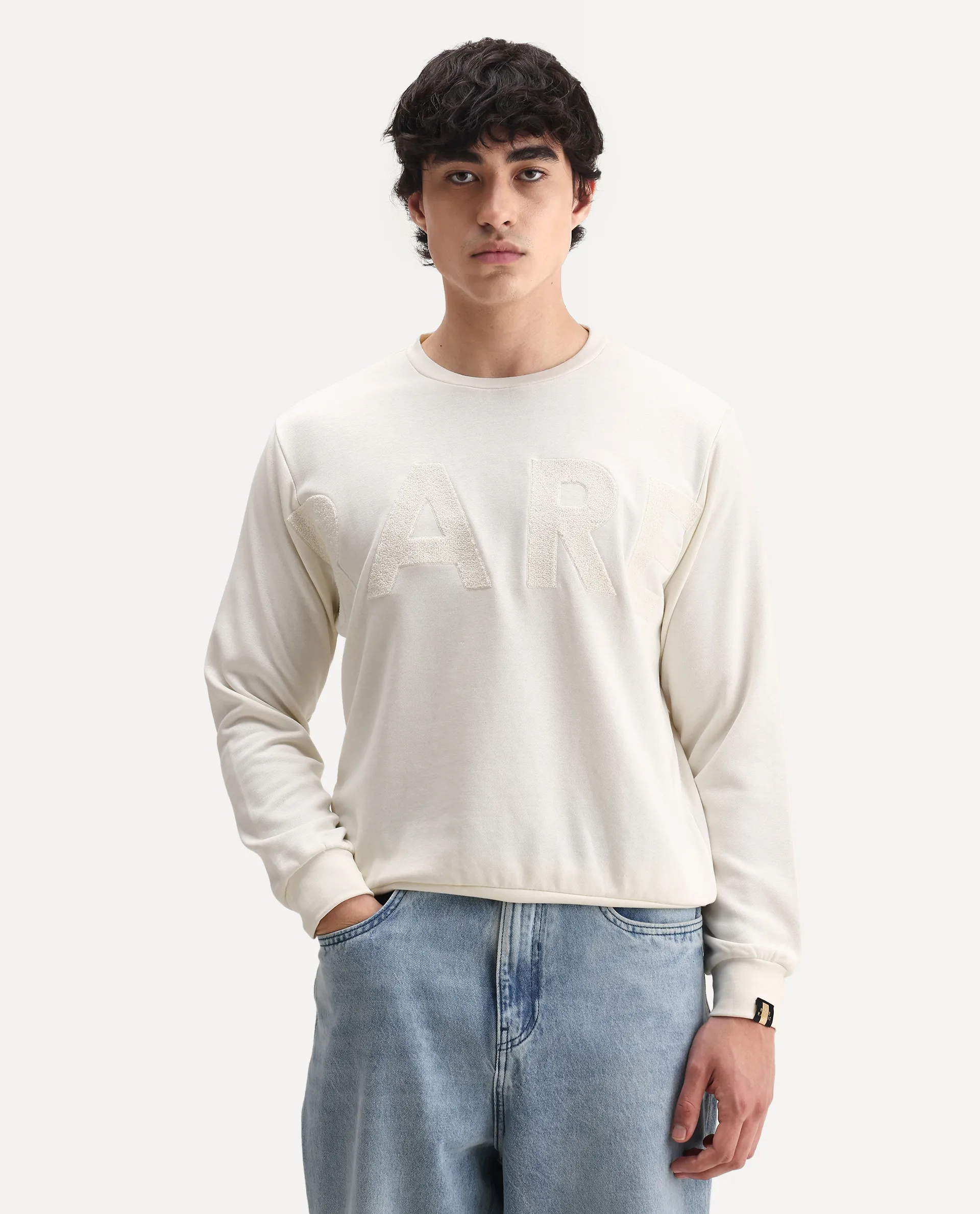 Rare Rabbit Men's Norman Off White Cotton Embroidered Relaxed Fit Full Sleeve Crew Neck Sweatshirt - Image 4