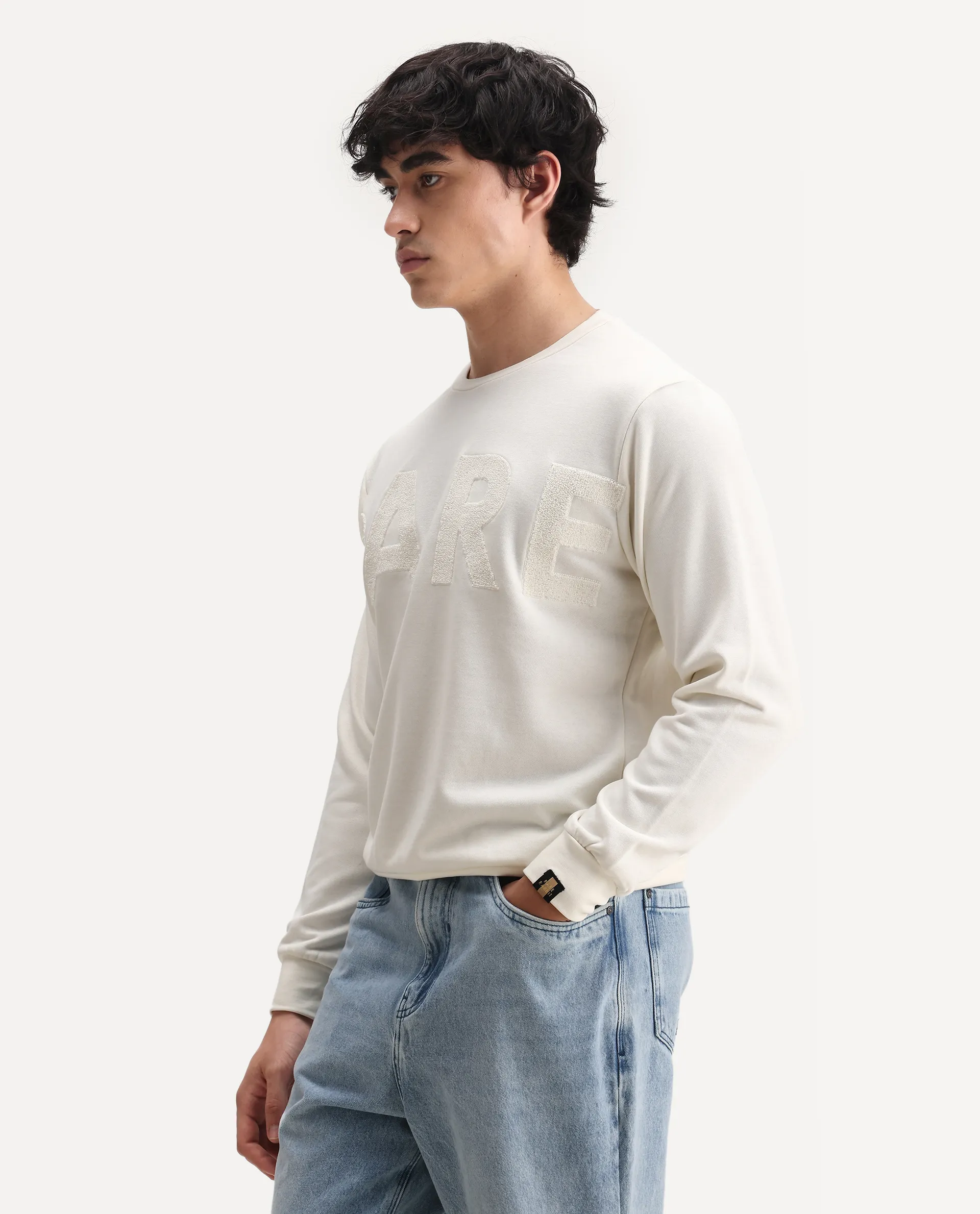 Rare Rabbit Men's Norman Off White Cotton Embroidered Relaxed Fit Full Sleeve Crew Neck Sweatshirt - Image 5