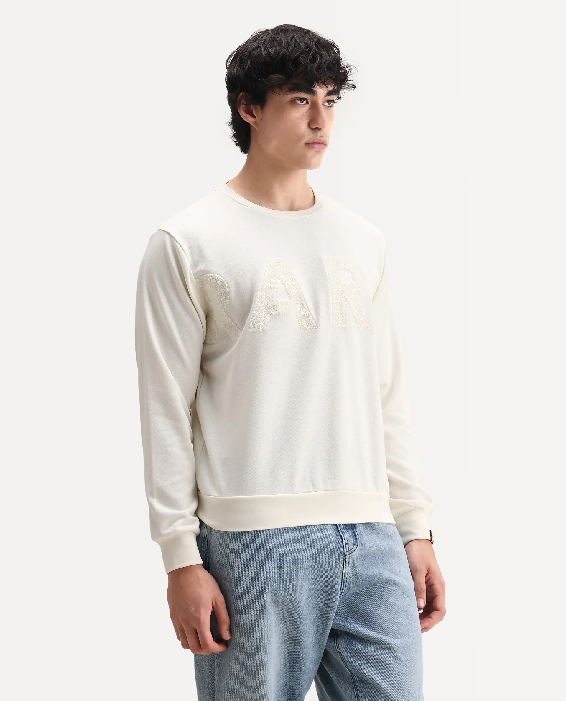 Rare Rabbit Men's Norman Off White Cotton Embroidered Relaxed Fit Full Sleeve Crew Neck Sweatshirt - Image 6