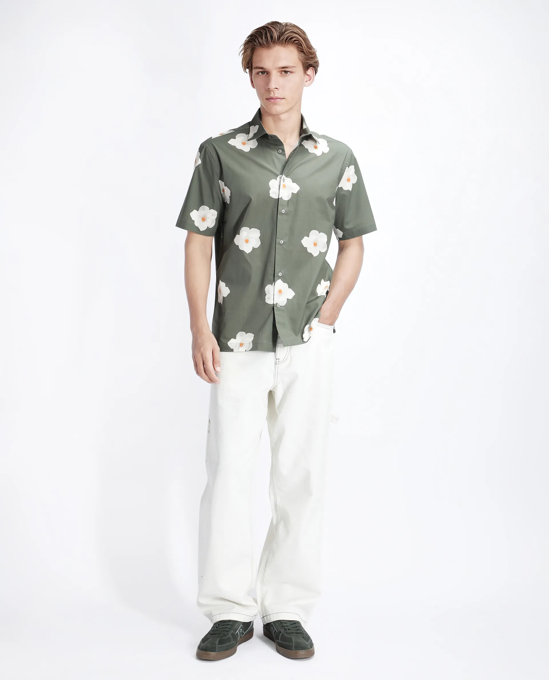 Rare Rabbit Men's Nort Olive Cotton Floral Print Regular Fit Half Sleeve Collared Shirt - Image 2