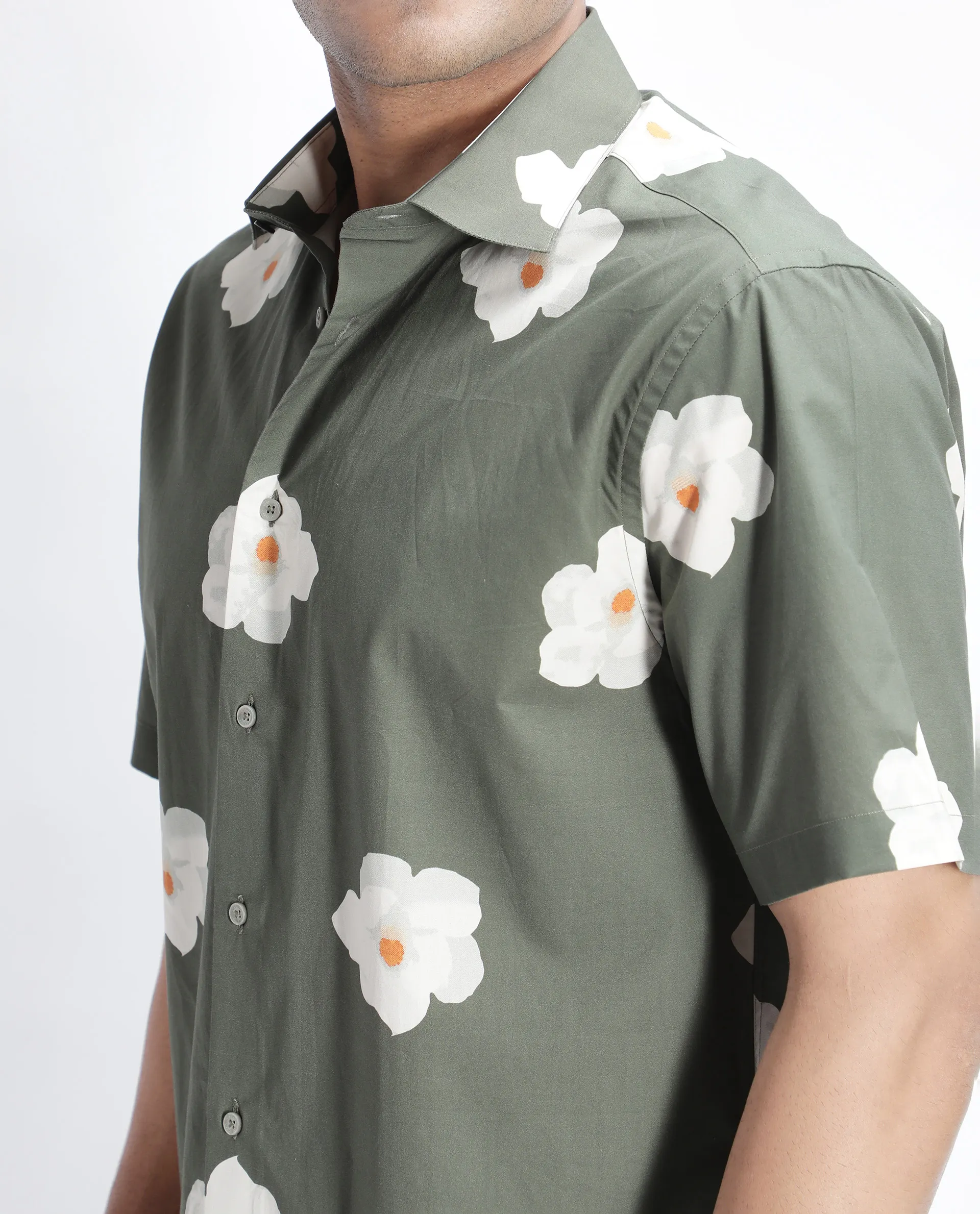 Rare Rabbit Men's Nort Olive Cotton Floral Print Regular Fit Half Sleeve Collared Shirt - Image 3