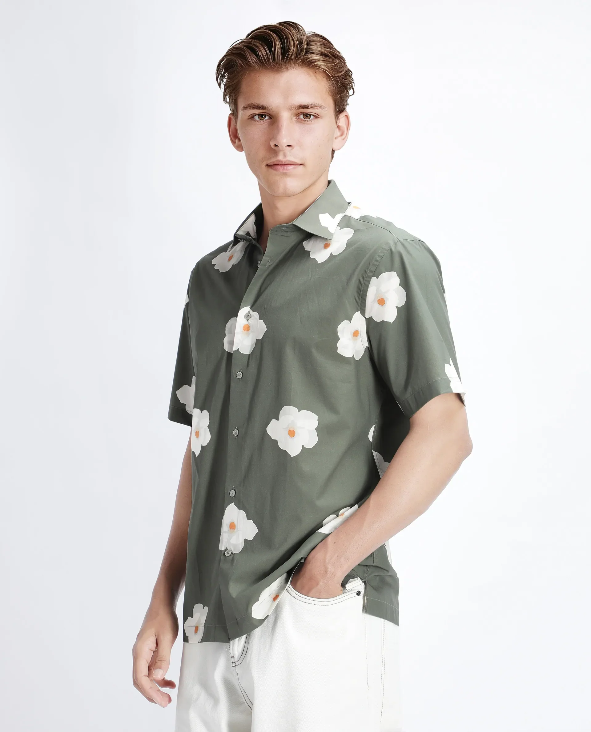 Rare Rabbit Men's Nort Olive Cotton Floral Print Regular Fit Half Sleeve Collared Shirt - Image 5