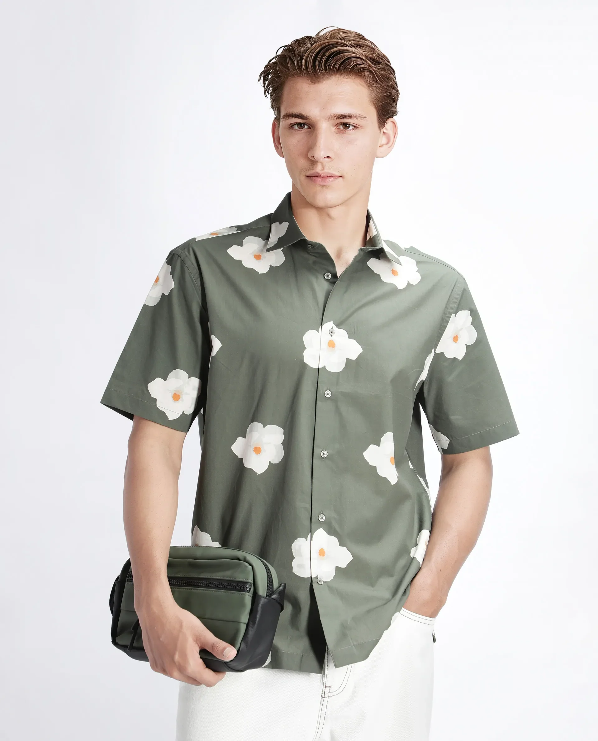 Rare Rabbit Men's Nort Olive Cotton Floral Print Regular Fit Half Sleeve Collared Shirt - Image 7