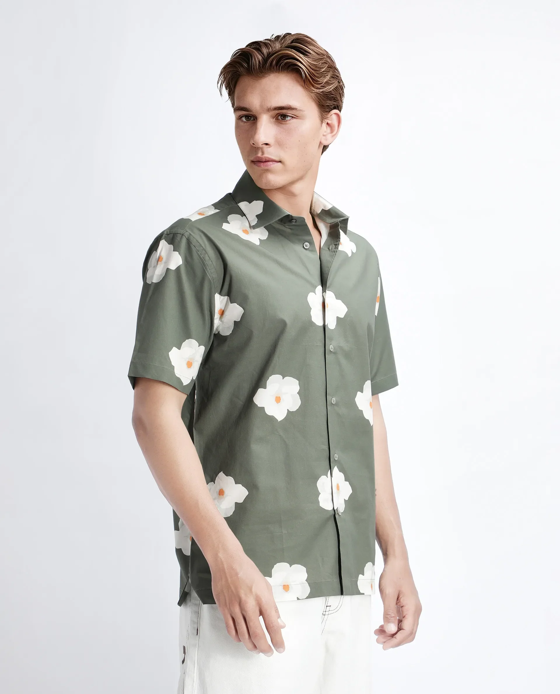Rare Rabbit Men's Nort Olive Cotton Floral Print Regular Fit Half Sleeve Collared Shirt - Image 8