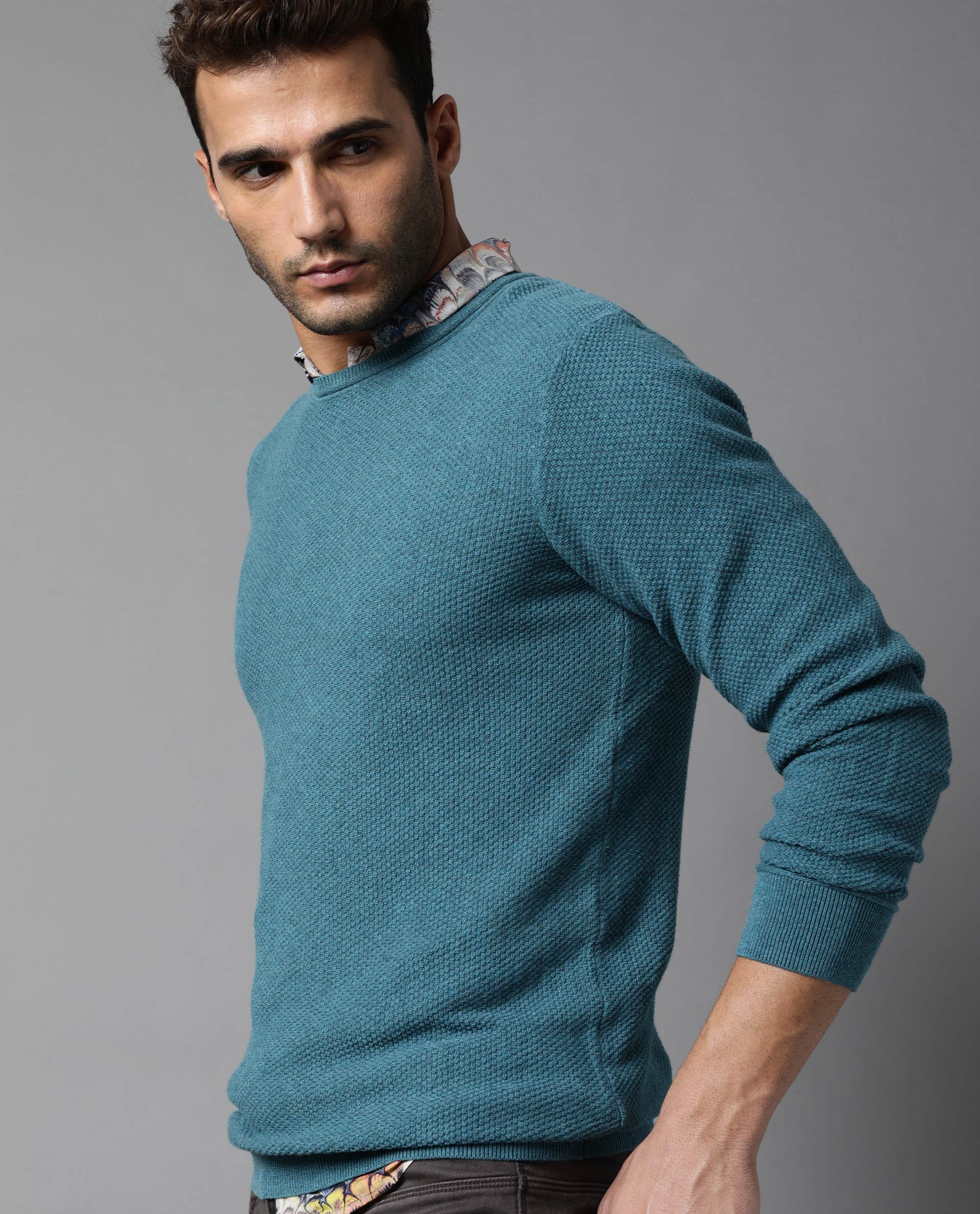 Rare Rabbit Men's Norway Turq Cotton Plain Regular Fit Full Sleeve Crew Neck Sweater - Image 3
