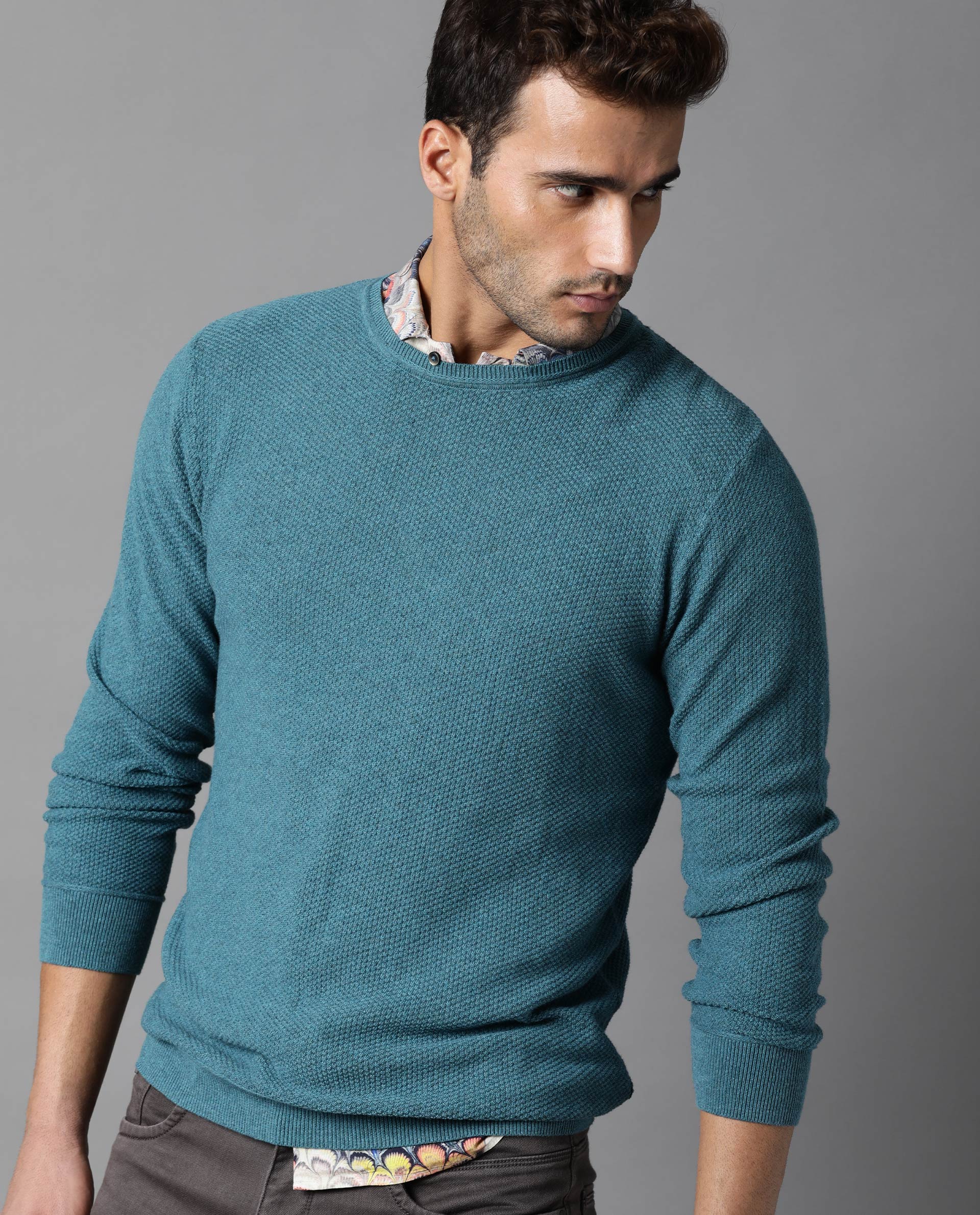 Rare Rabbit Men's Norway Turq Cotton Plain Regular Fit Full Sleeve Crew Neck Sweater - Image 4