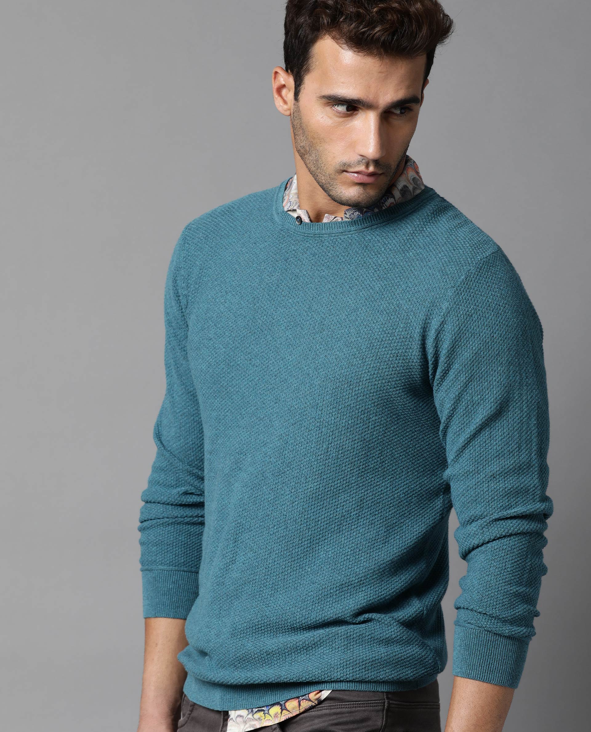 Rare Rabbit Men's Norway Turq Cotton Plain Regular Fit Full Sleeve Crew Neck Sweater - Image 5
