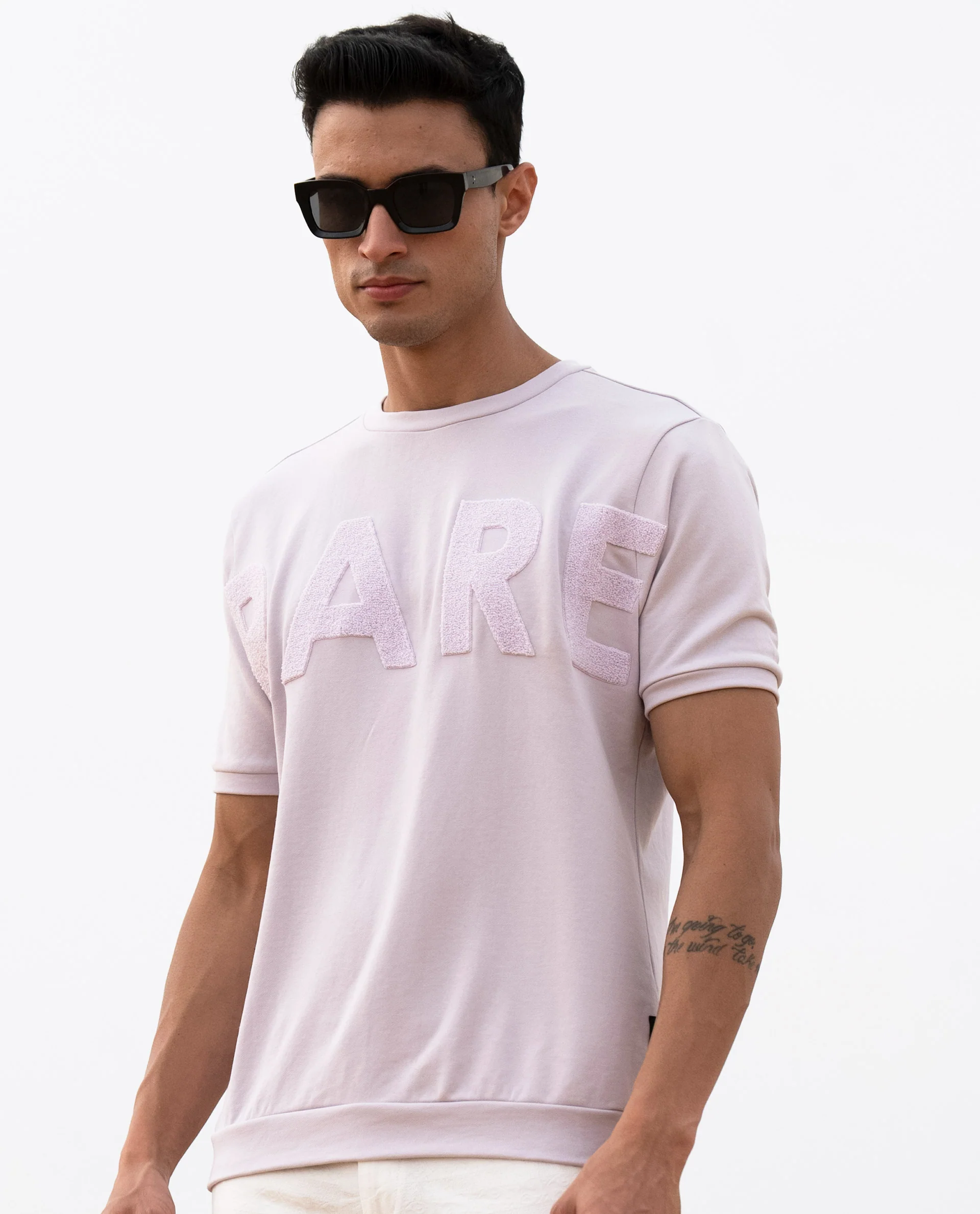 Rare Rabbit Men's Nory Pastel Pink Cotton Embroidered Slim Fit Half Sleeve Crew Neck T-Shirt