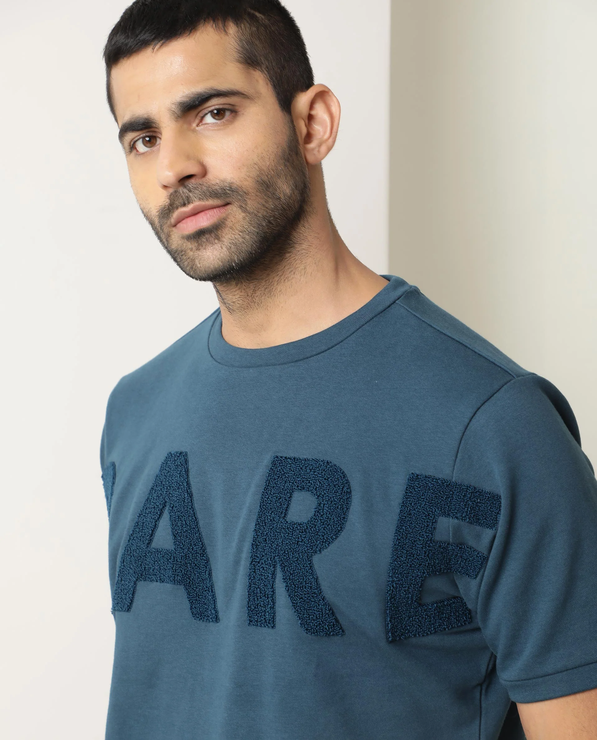 Rare Rabbit Men's Nory Petrol Cotton Slim Fit Half Sleeve Crew Neck T-Shirt - Image 2