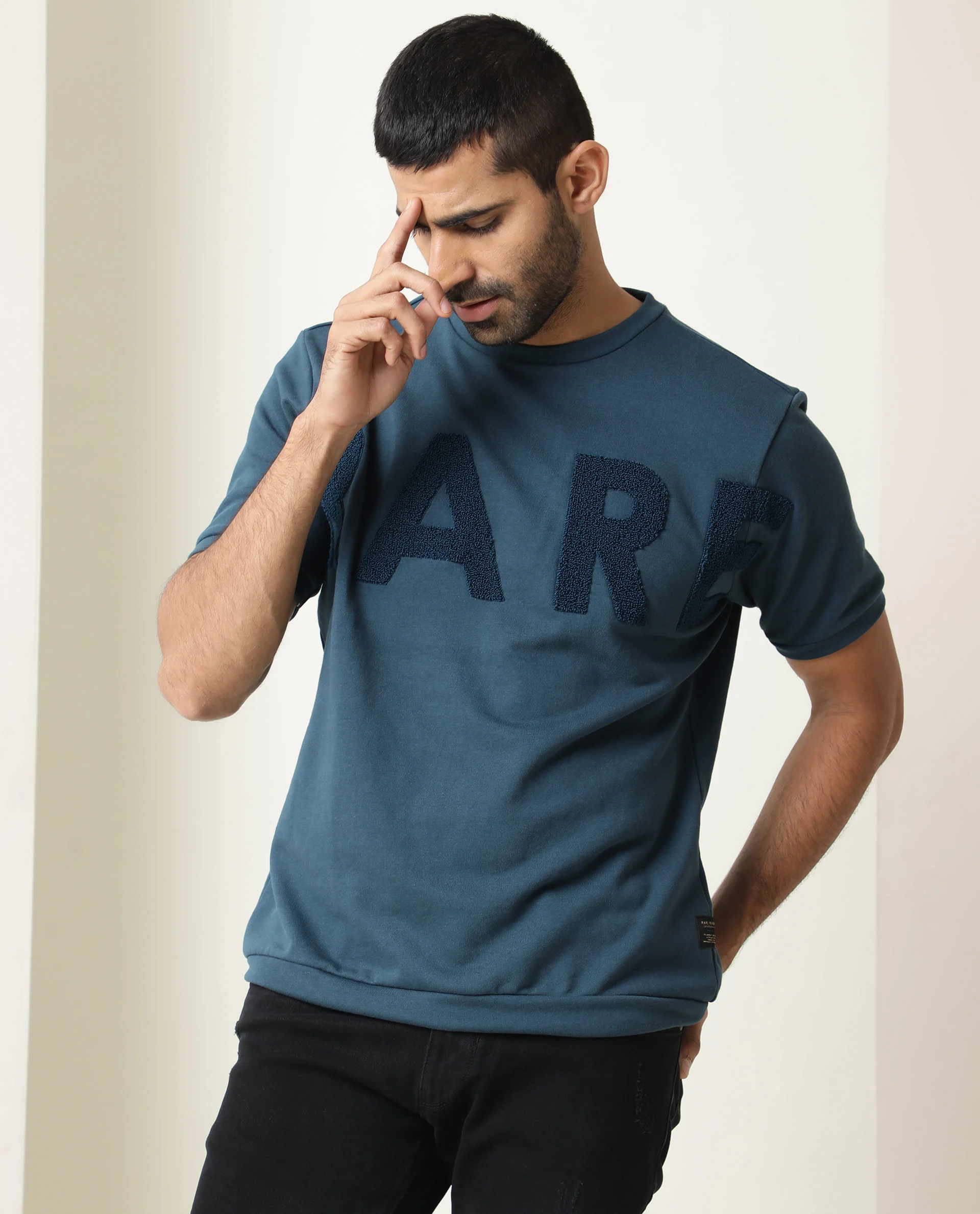 Rare Rabbit Men's Nory Petrol Cotton Slim Fit Half Sleeve Crew Neck T-Shirt - Image 3