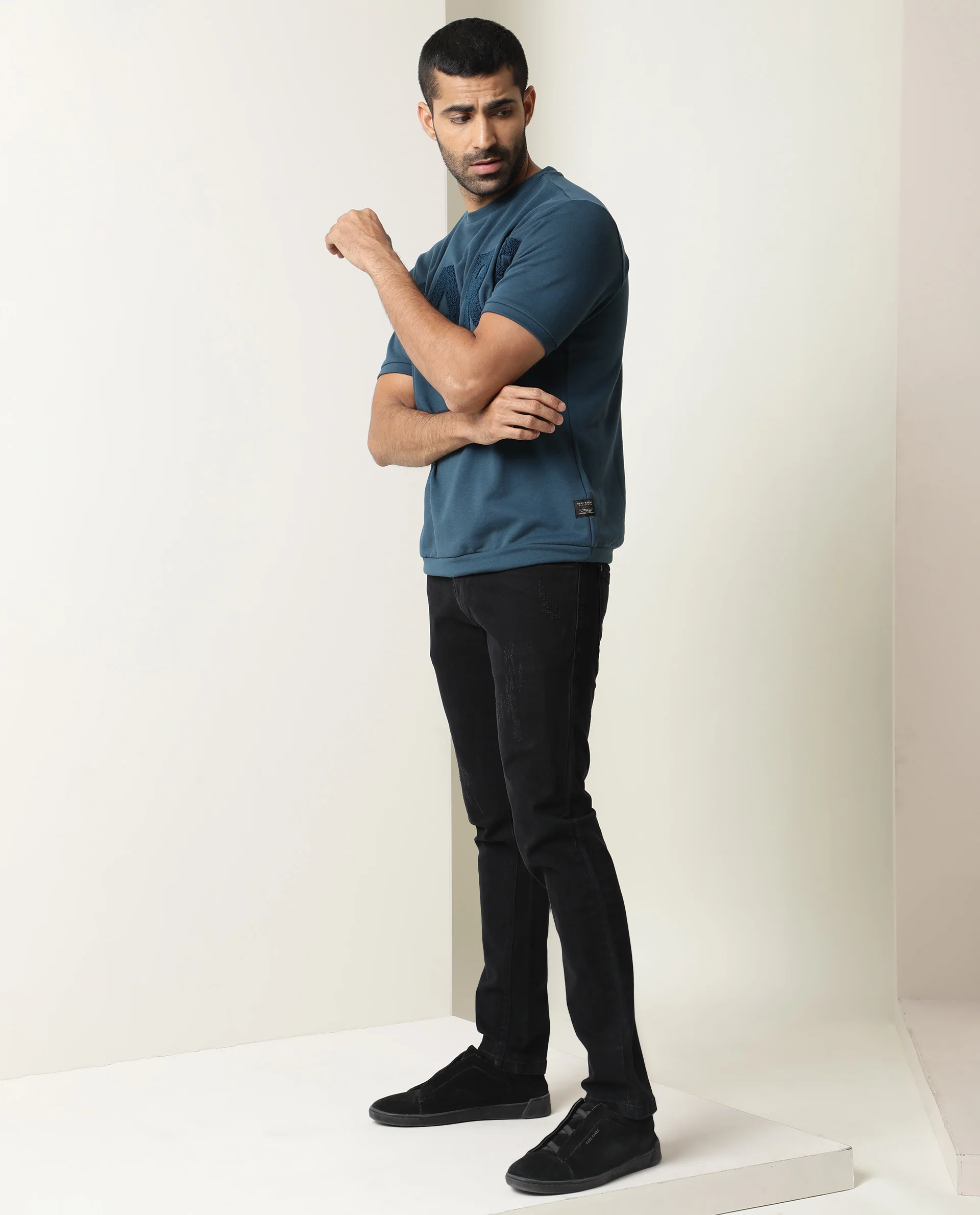 Rare Rabbit Men's Nory Petrol Cotton Slim Fit Half Sleeve Crew Neck T-Shirt - Image 4